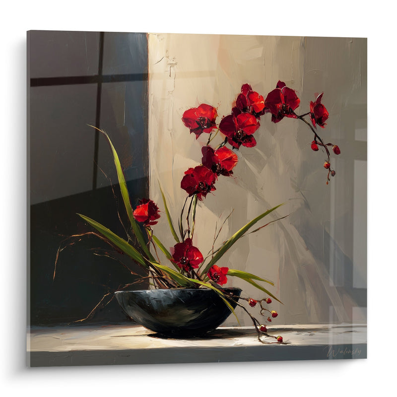 Red Orchid Wall Art with Floral Composition in Black Vase - Scarlet Harmony - Ikebana Edition