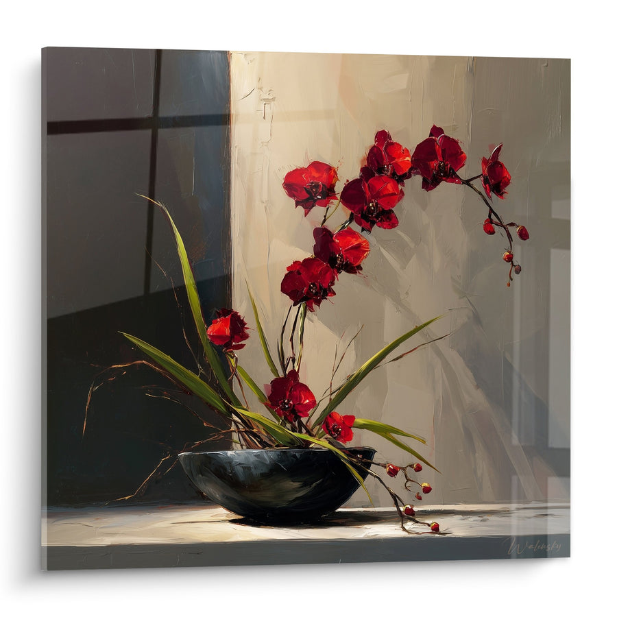 Tableau Orchidée Rouge en Composition Florale dans Vase Noir - Harmonie Écarlate - Edition Ikebana