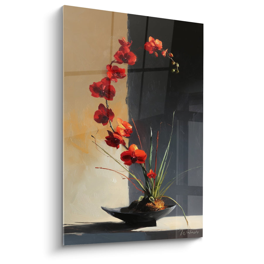 Tableau Orchidée Rouge sur Vase Noir avec Contraste Beige et Charbon - Harmonie Florale - Edition Ikebana
