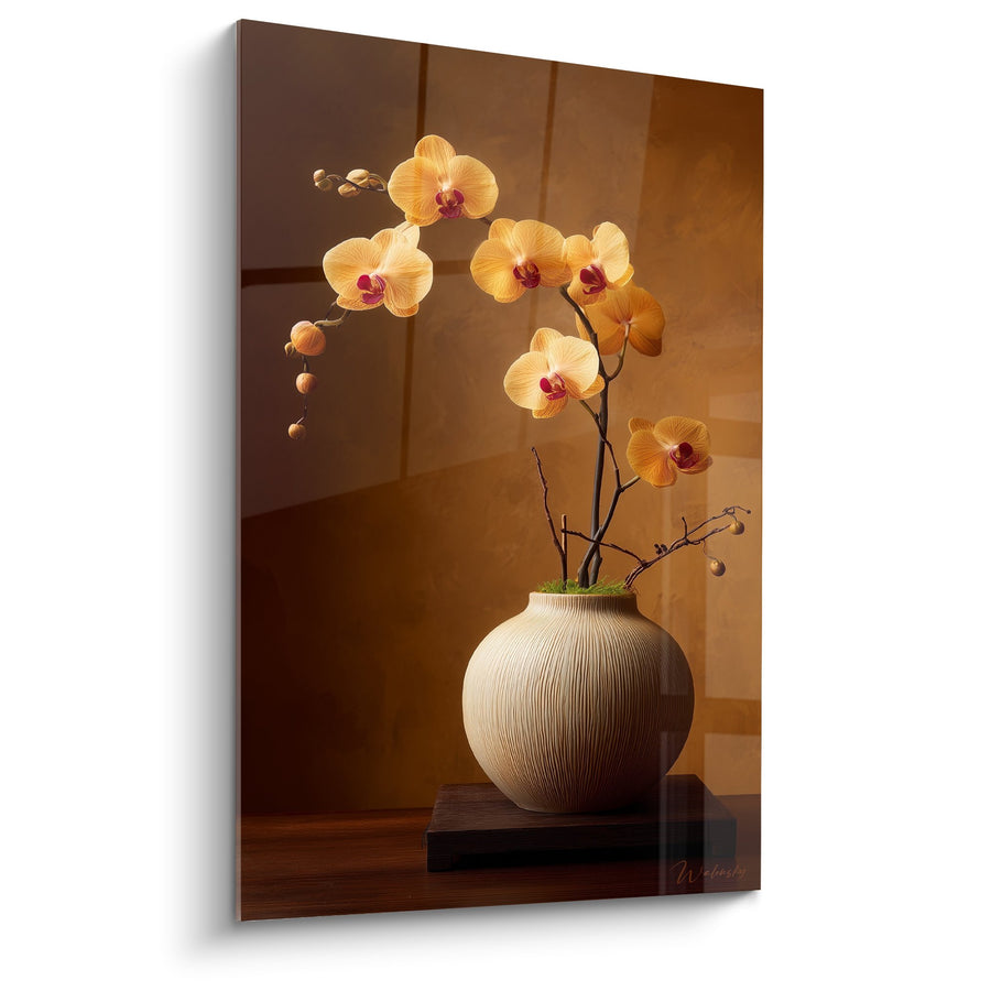 Tableau Orchidées Dorées en Vase Texturé - Élégance Florale - Edition Ikebana