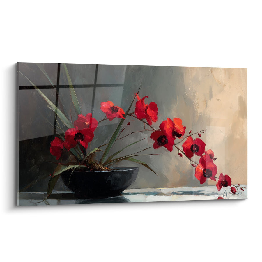 Tabel met rode orchideeën in zwarte schaal met gouden reflecties - Florale elegantie - Editie Ikebana