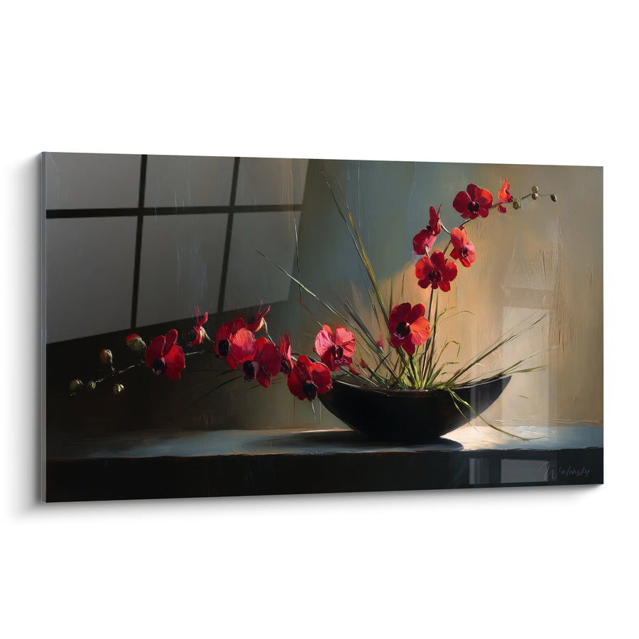 Tabel met rode orchideeën in zwarte vaas op tafel met gouden reflecties - Florale harmonie - Ikebana editie