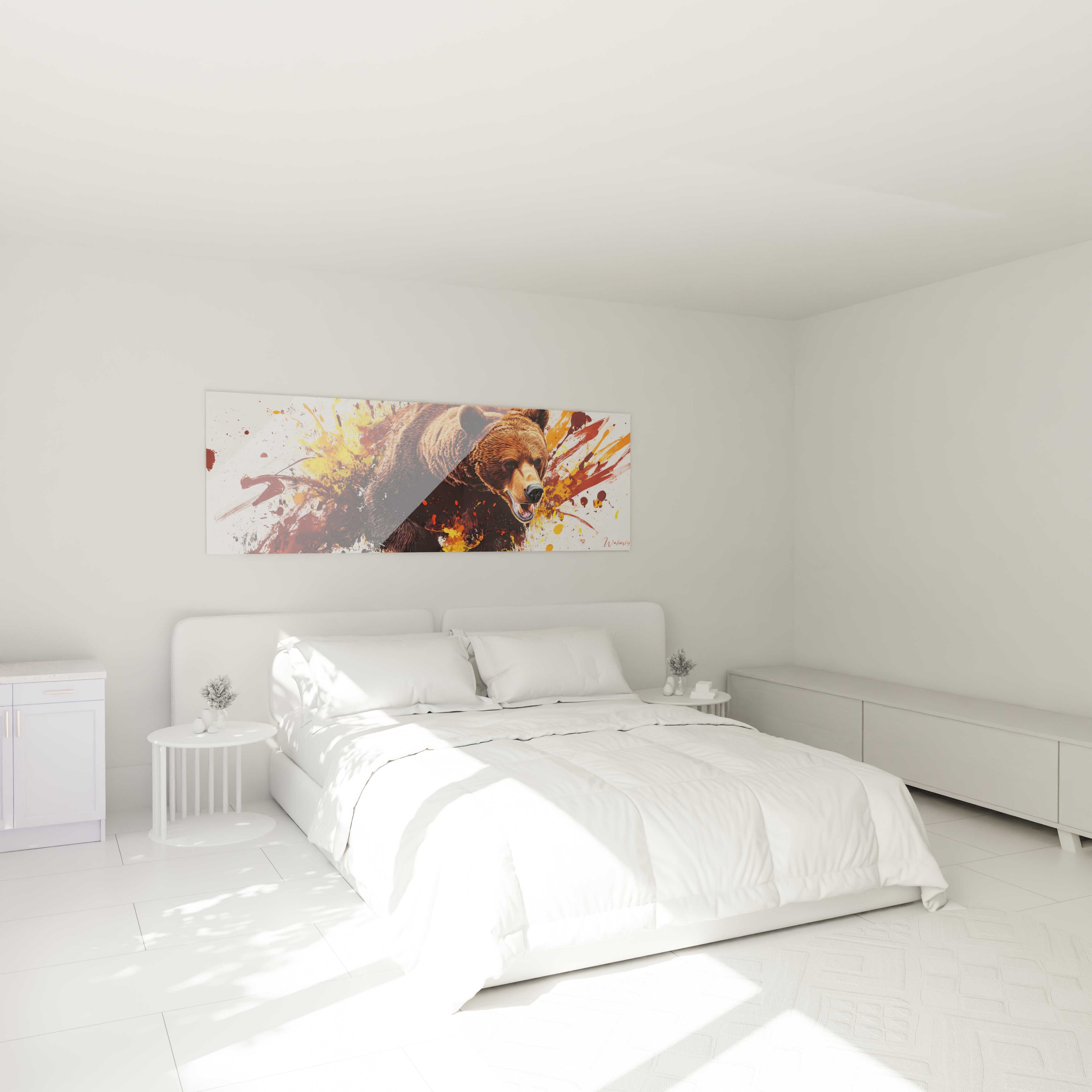 Tableau ours brun coloré signé Walensky accroché au-dessus d'un lit blanc dans une chambre moderne