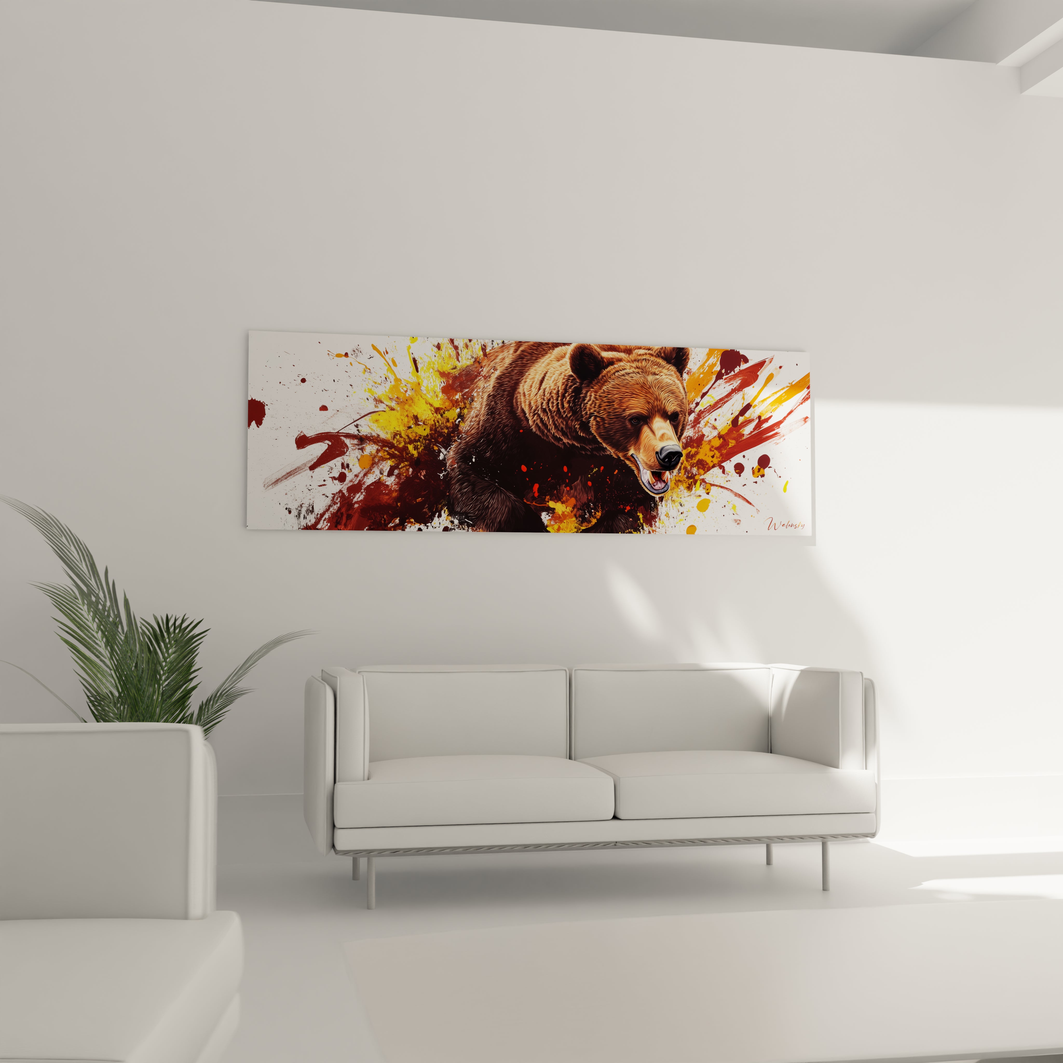 Tableau ours brun Walensky avec design artistique coloré accroché au-dessus d'un canapé blanc dans un salon moderne