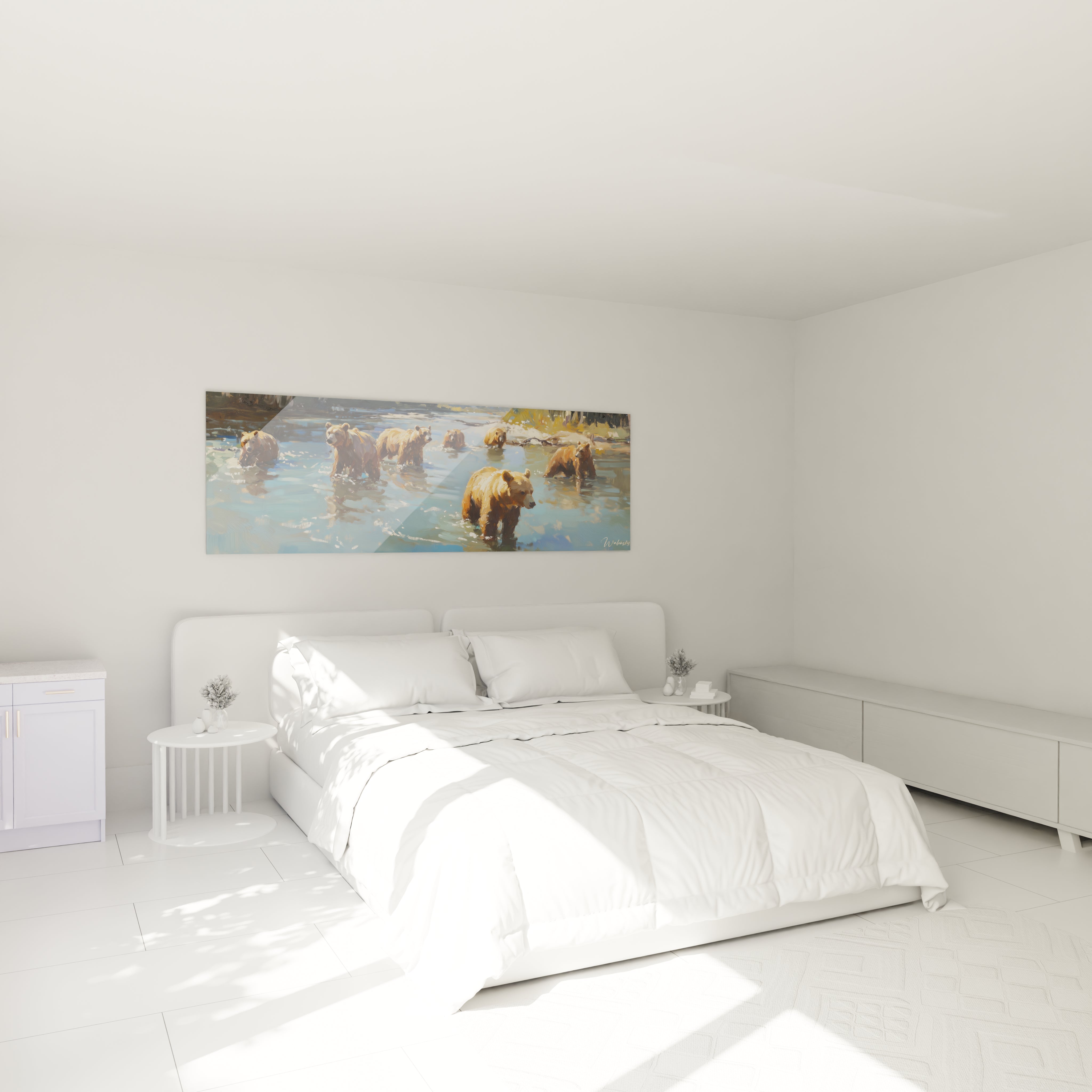 Tableau ours brun Walensky représentant plusieurs ours dans l'eau accroché au-dessus d'un lit blanc dans une chambre minimaliste