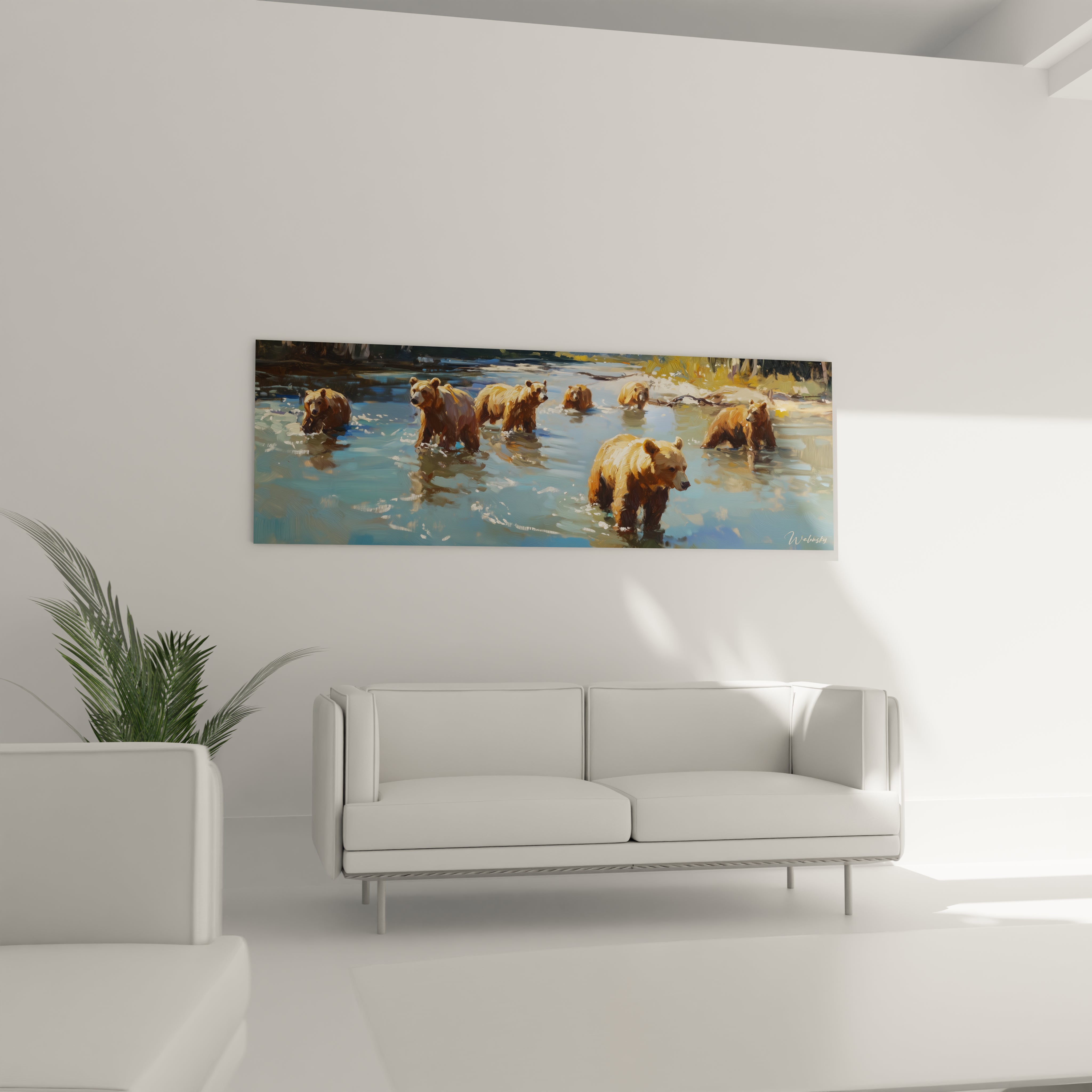 Tableau ours brun Walensky représentant plusieurs ours dans une rivière, décor mural salon moderne