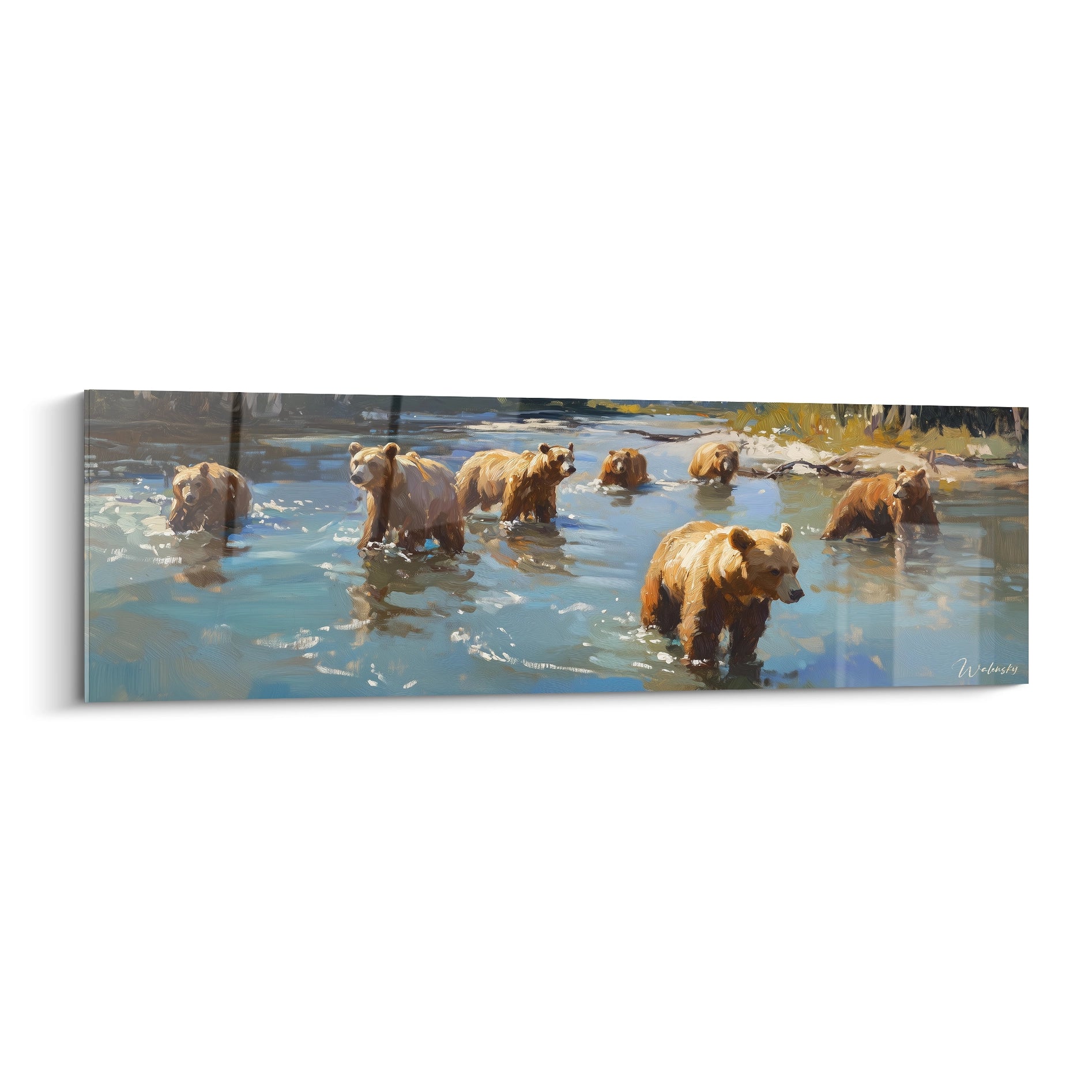 Tableau ours brun Walensky montrant un groupe d'ours bruns dans une rivière au style peinture réaliste
