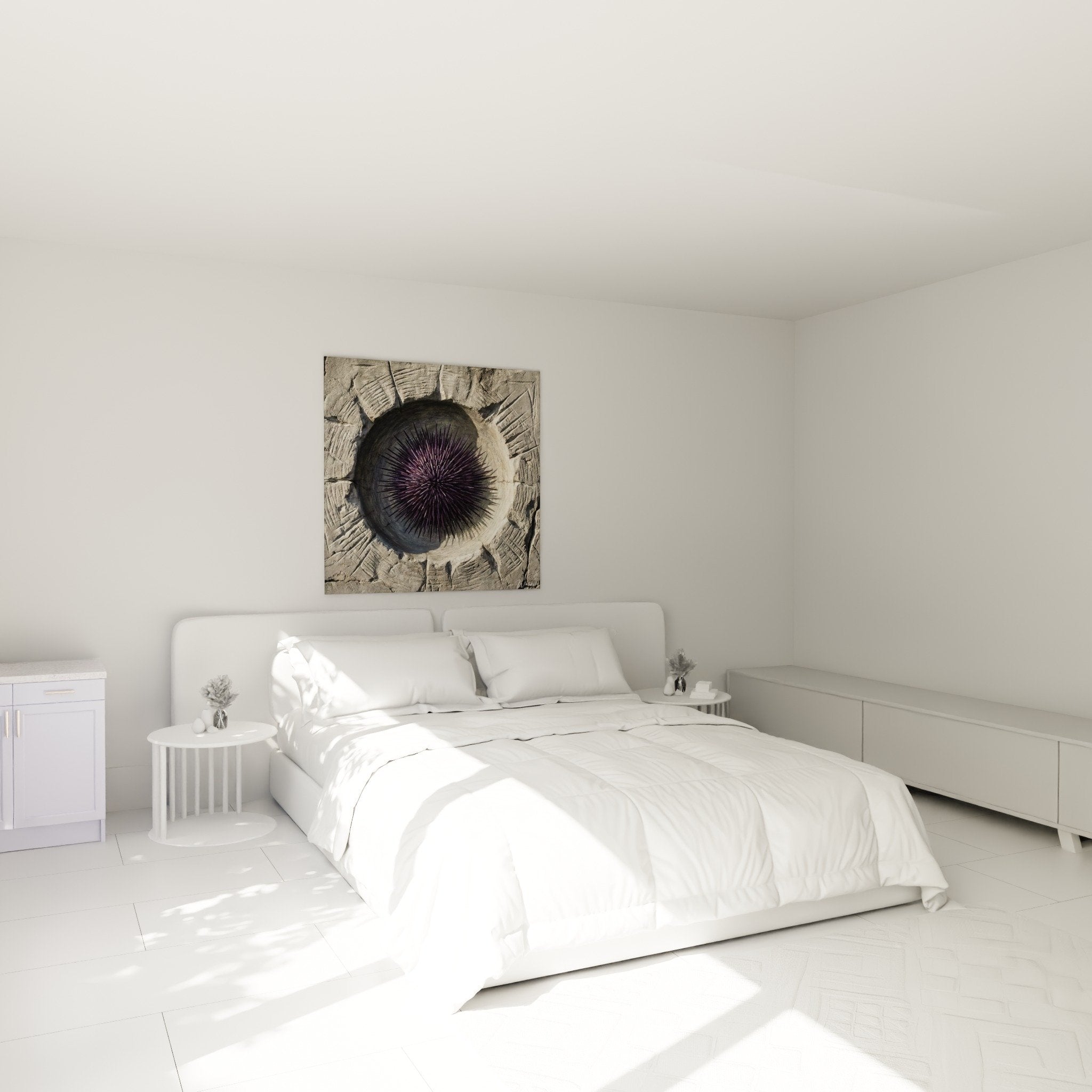 Violette Seeigel mit strahlenden Stacheln Schlafzimmer Wanddekoration beruhigende natürliche Atmosphäre Meeresfossil Gemälde