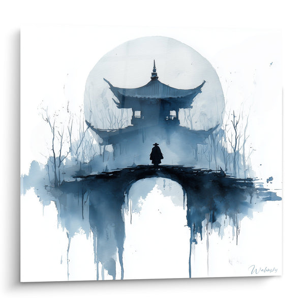 Pagodetabel Blauwe Pagode in Mist met Silhouet op Brug - Oosterse Sereneit - Editie Pagode