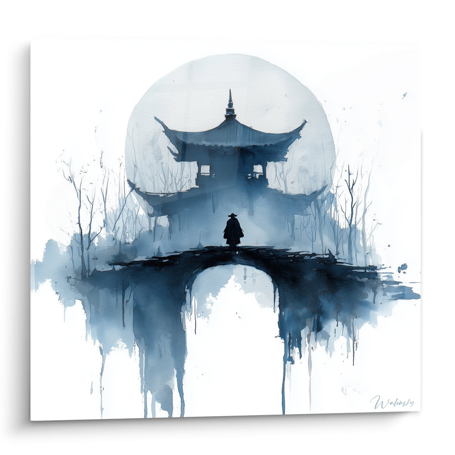 Dipinto Pagoda Blu nella Nebbia con Silhouette su Ponte - Serenità Orientale - Edizione Pagoda