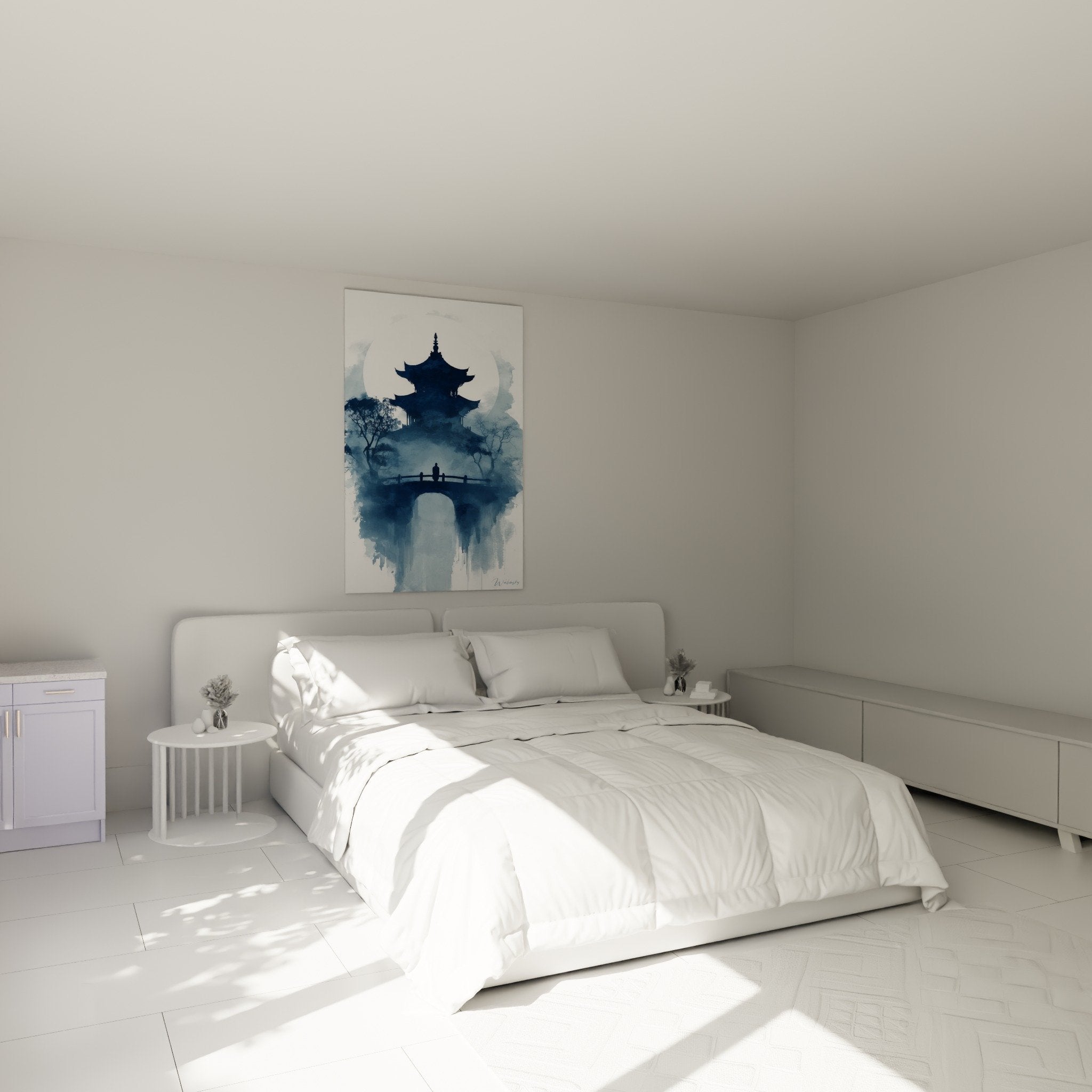Mystical blue pagoda wall art in zen bedroom, soothing mural decoration with watercolor blue tones