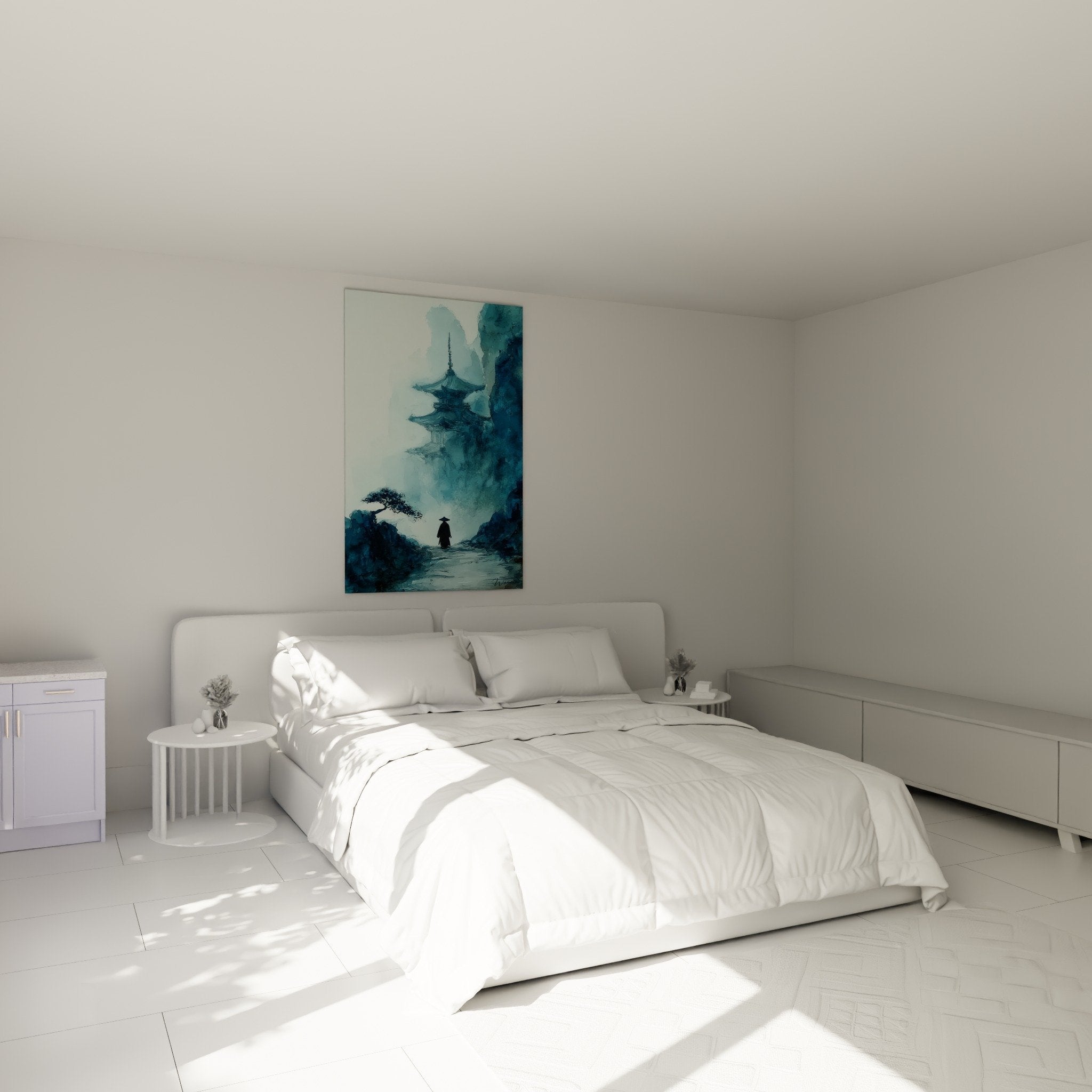Tableau pagode bleue brume zen decoration chambre ambiance sereine spirituelle aquarelle