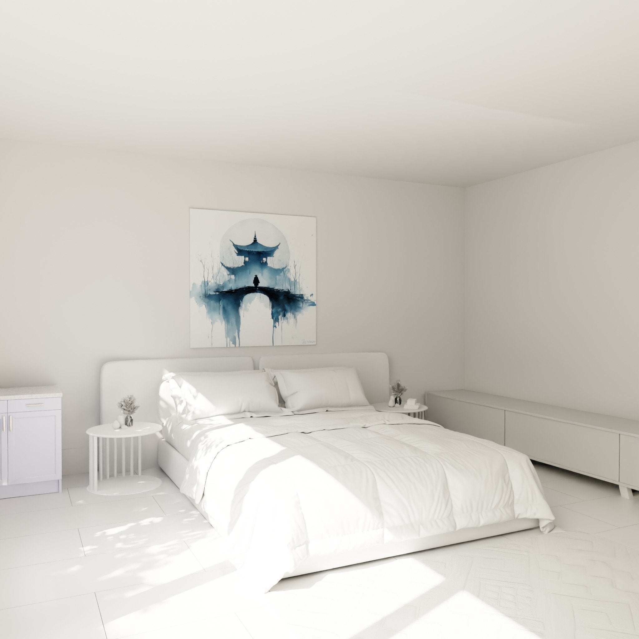 decoration murale pagode bleue aquarelle dans chambre ambiance zen et sereine