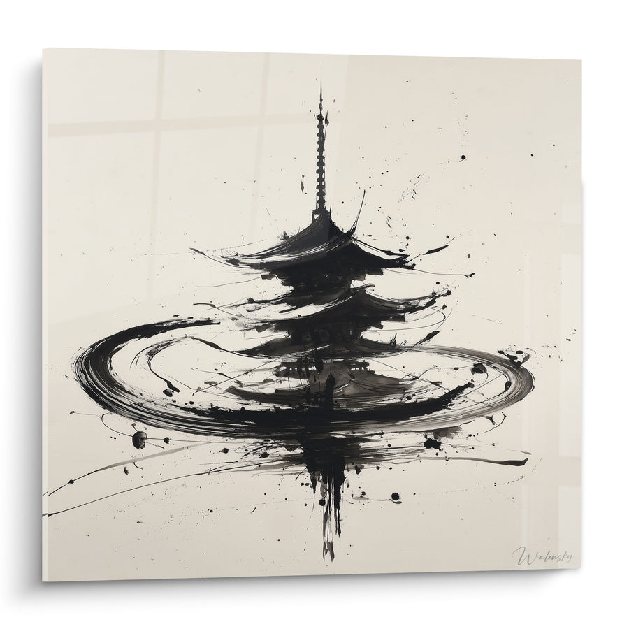 Tableau Pagode Noire Encre Éclaboussures Fond Beige - Temple Zen - Edition Pagode