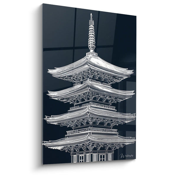 Tableau Architecture Japonaise Dessinée sur Fond Bleu Nuit - Temple aux Cinq Étages - Edition Pagode