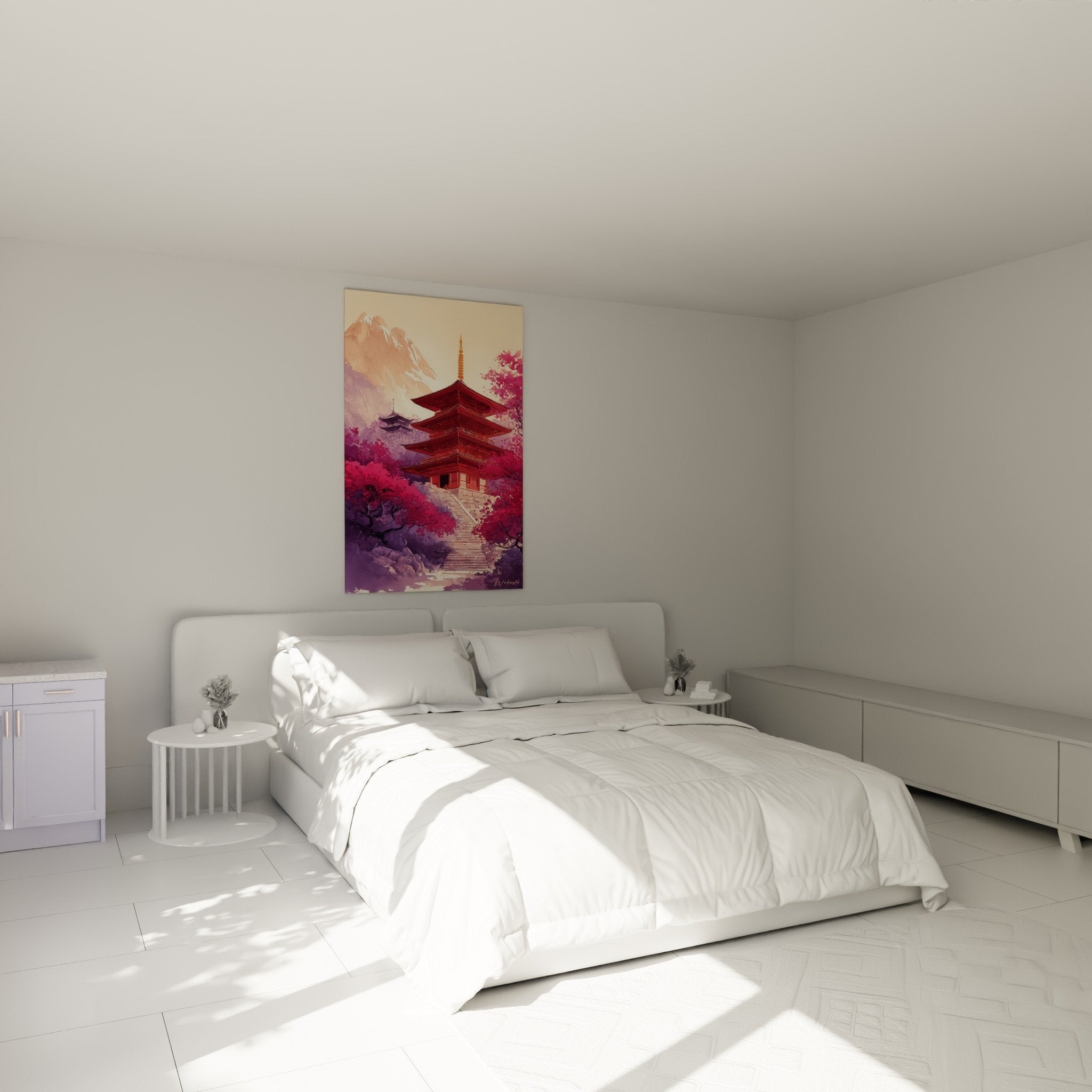 Japanese pagoda painting bedroom white wall zen decoration pink cherry blossoms calming ambiance