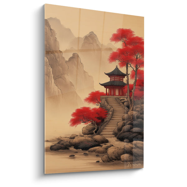 Tableau pagode japonaise rouge et escalier de pierres dans brouillard ambré - Sanctuaire mystique - Edition Pagode