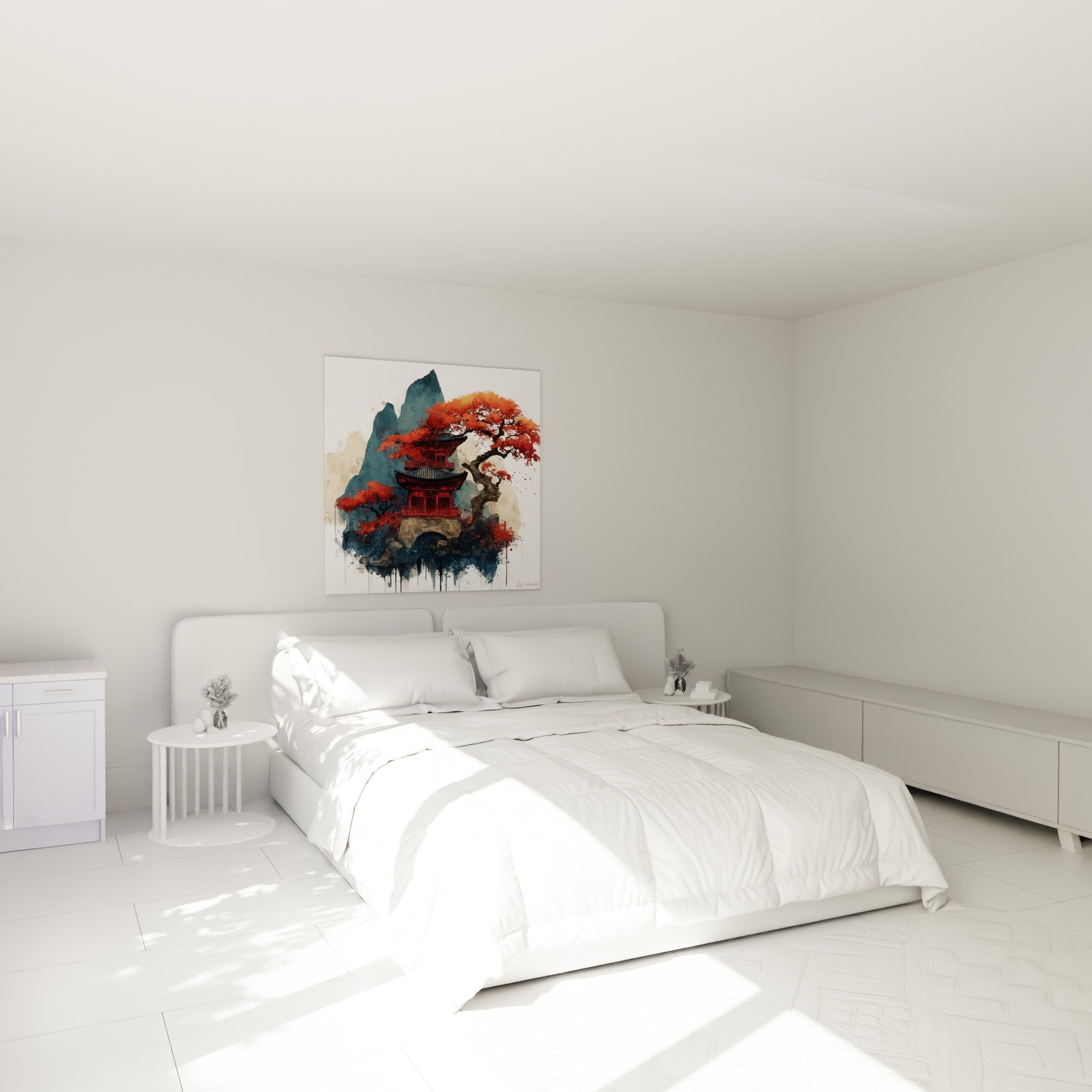 Tableau pagode orientale rouge et bleu decorant une chambre zen aux tons naturels