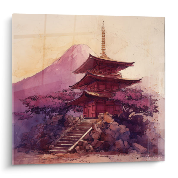 Schilderij Pagode rode kersenbloesems onder de berg Fuji in roze- en paarse tinten - Nipponese sereniteit - Pagode Editie