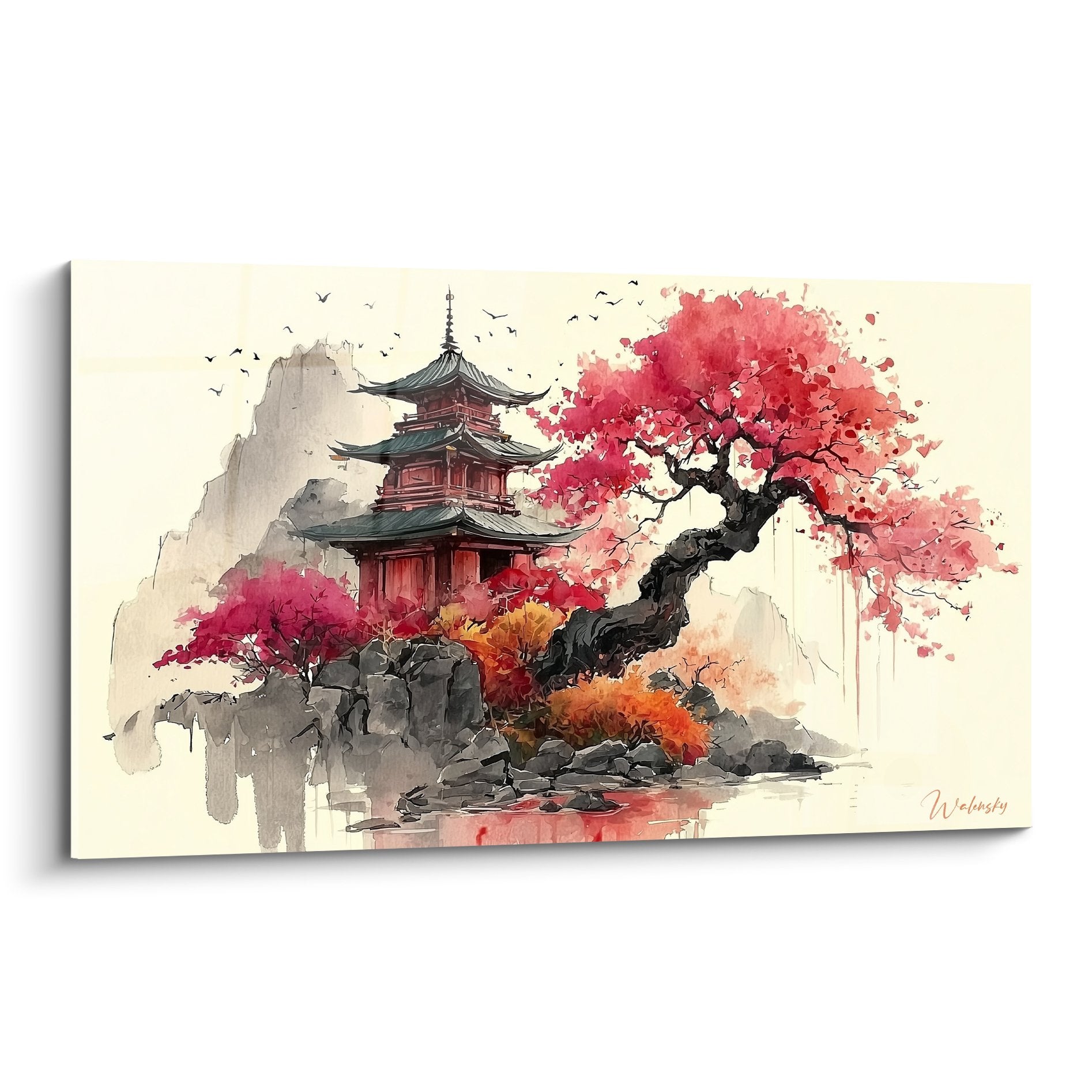 Tableau Pagode Rouge Cerisiers Fleurs - Temple Automnal