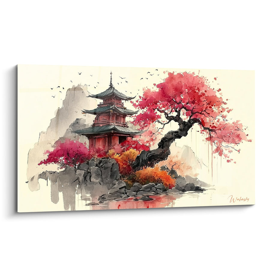 Tableau Pagode Rouge et Cerisiers en Fleurs - Temple Automnal - Edition Pagode