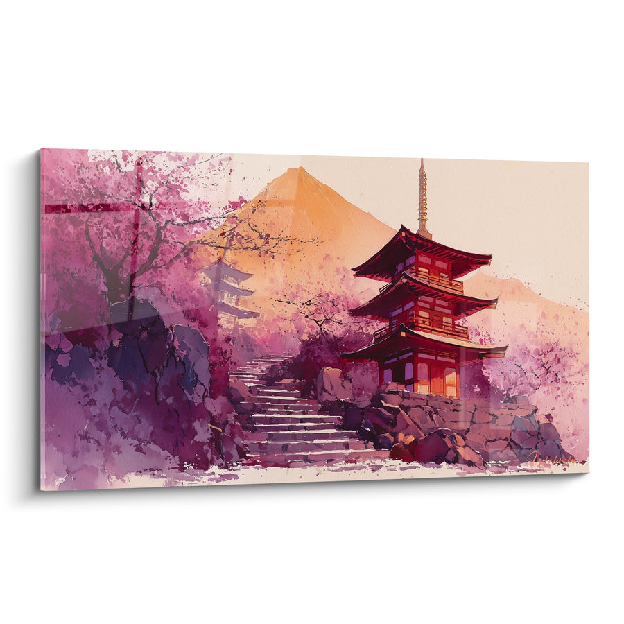 Tableau Pagode Rouge et Cerisiers Roses sur Fond Doré - Sérénité Nippone - Edition Pagode