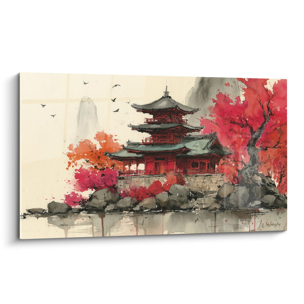 Cuadro Pagoda Roja con Cerezos en Flor y Reflejos Acuáticos - Armonía Zen - Edición Pagoda