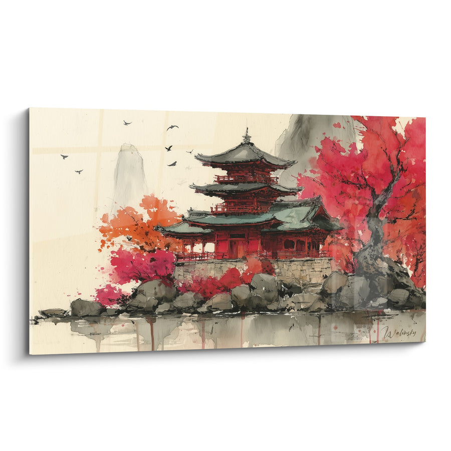 Tableau Pagode Rouge aux Cerisiers en Fleurs et Reflets Aquatiques - Harmonie Zen - Edition Pagode