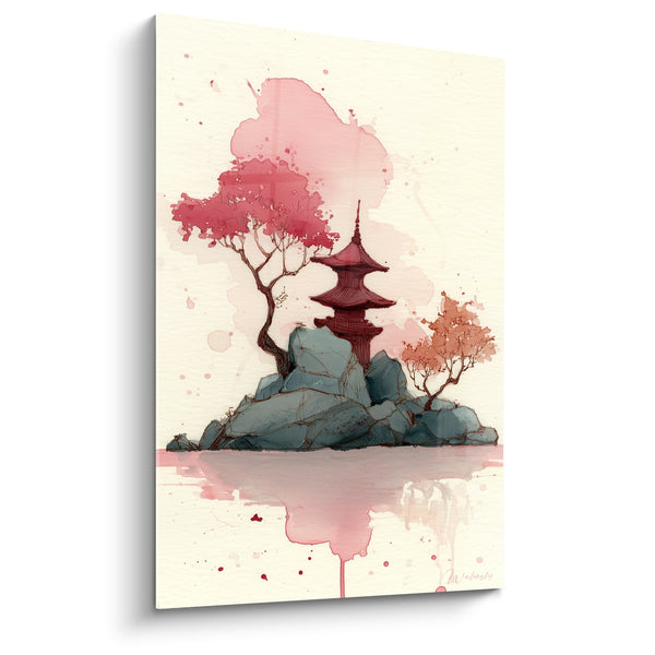 Rote Pagode auf Felsen mit blühenden Kirschbäumen - Aquarell Zen Kunst - Pagoden Edition