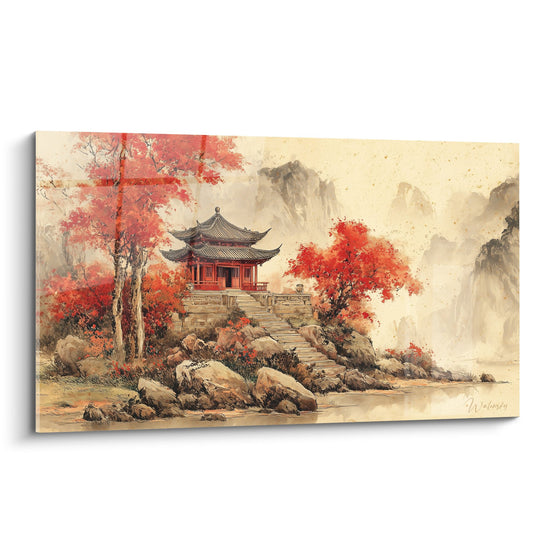 Asian Temple Wall Art with Red and Gold Foliage - Autumn Serenity - Pagoda Edition