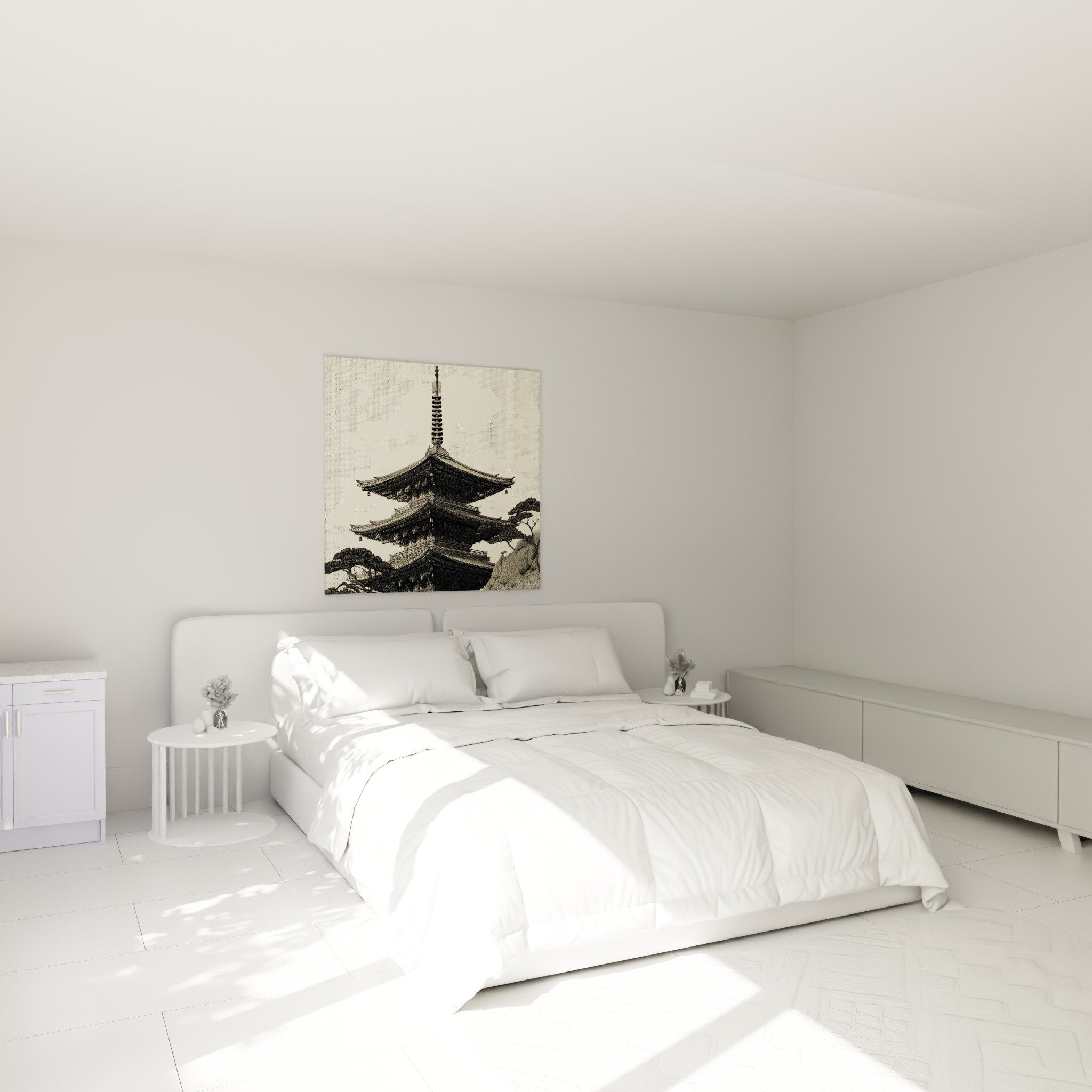 Tableau pagode temple japonais noir beige decoration chambre zen ambiance orientale apaisante