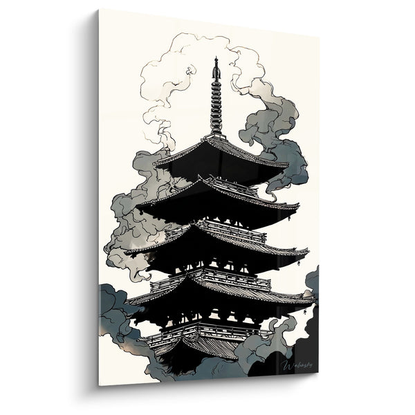Tableau Temple à Cinq Étages dans les Nuages Gris et Noirs - Élévation Spirituelle - Edition Pagode