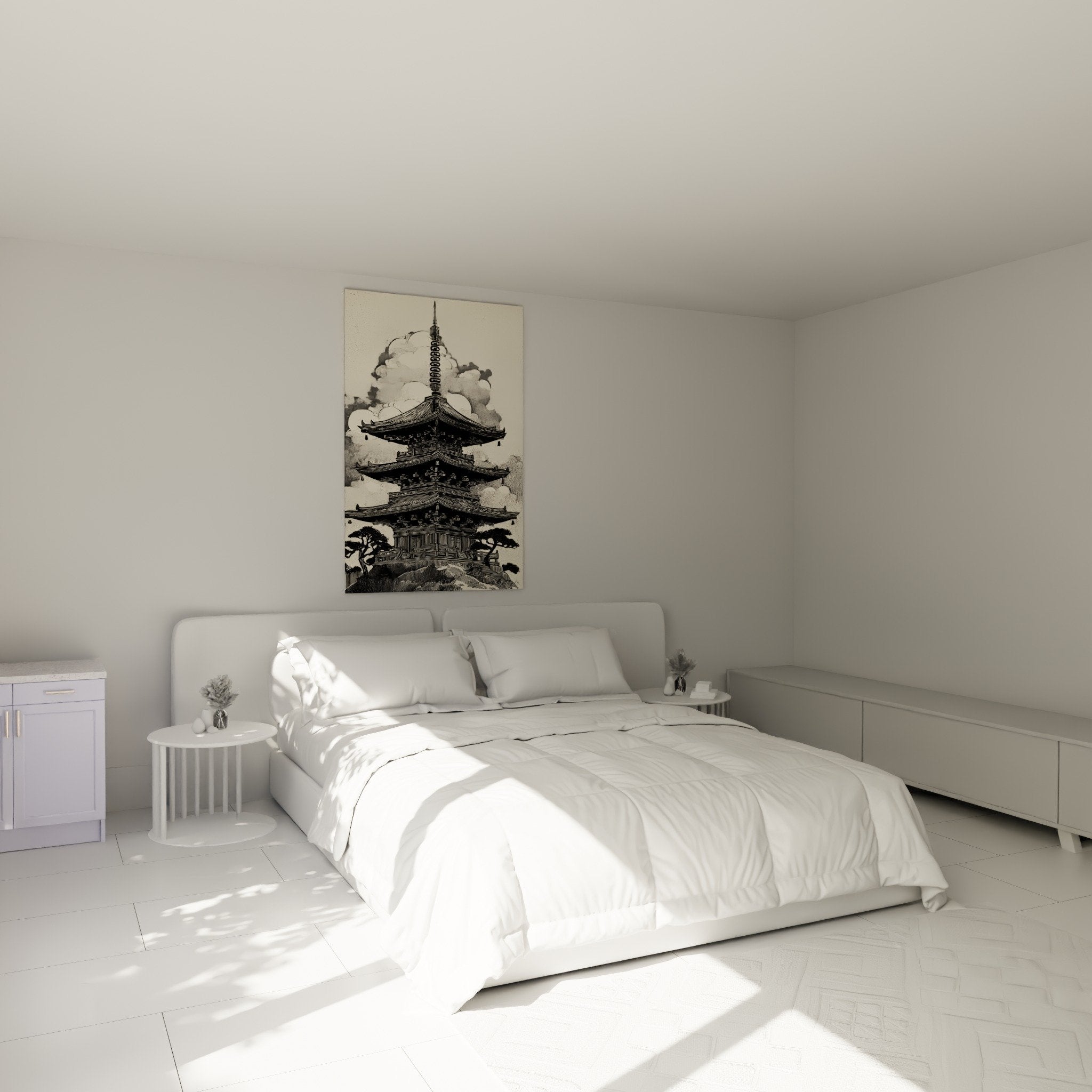 Tableau pagode traditionnelle noir et blanc accroché au-dessus d'un lit dans chambre zen épurée