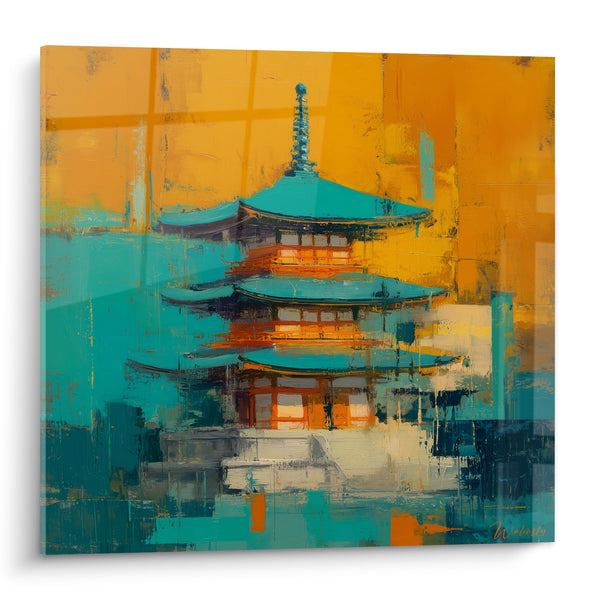 Schilderij Pagode met Drie Verdiepingen Turquoise en Oranje - Architecturale Fusie - Editie Pagode