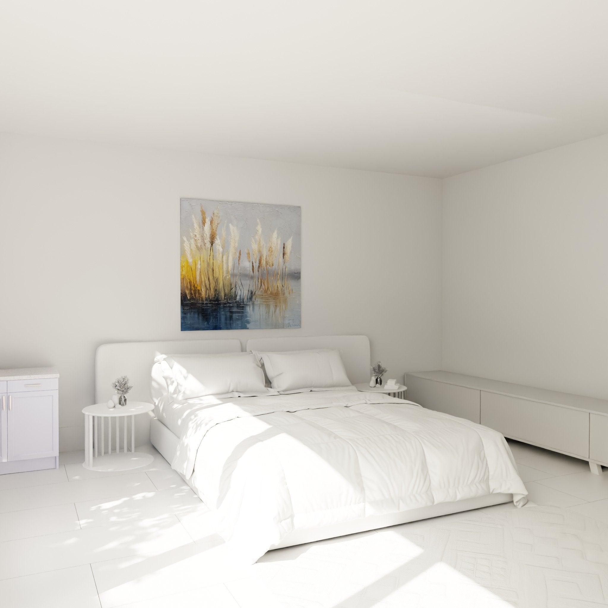 Tableau graminées dorées dans chambre zen avec décoration naturelle