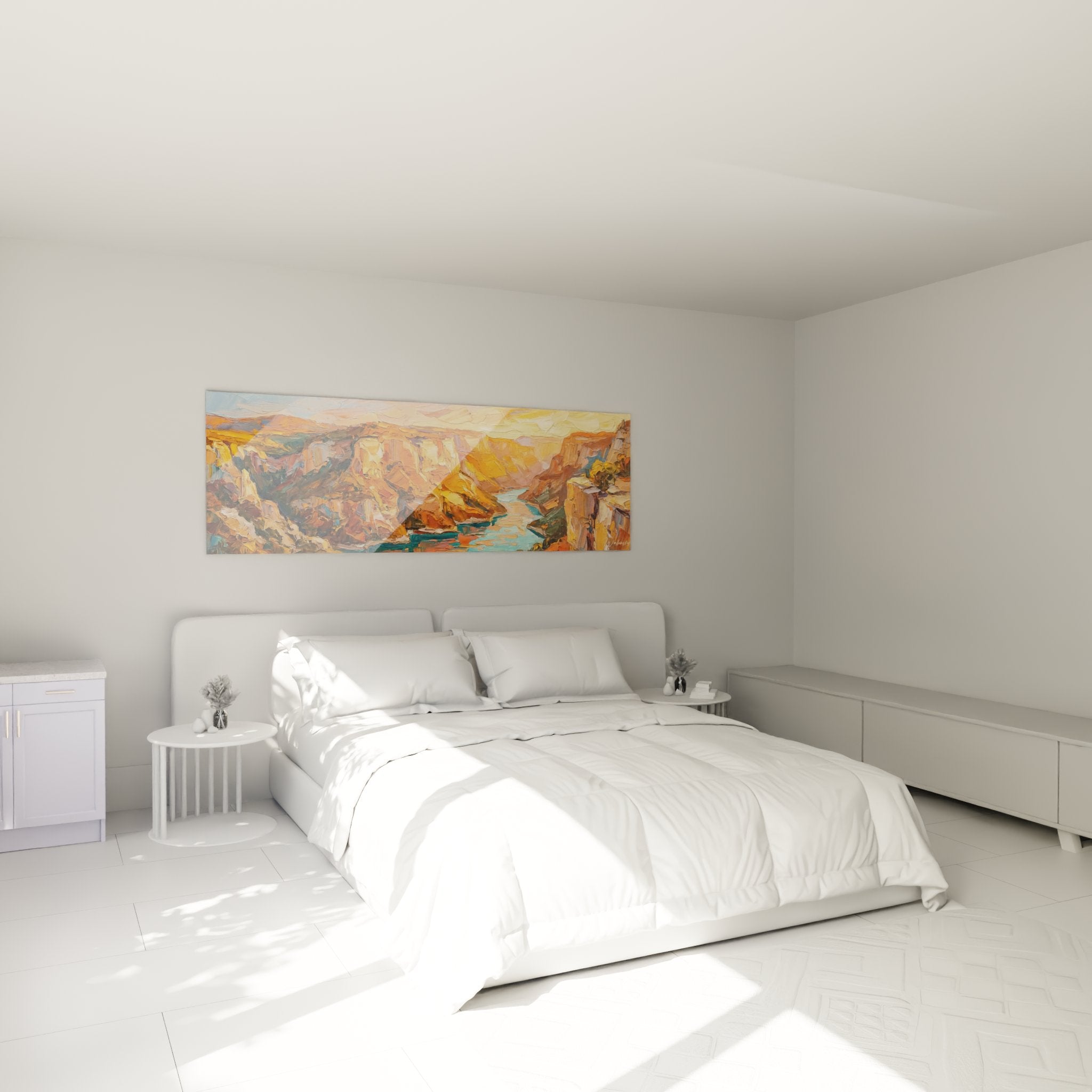 Tableau canyon doré décorant une chambre moderne avec falaises ocre et rivière bleue ambiance chaleureuse