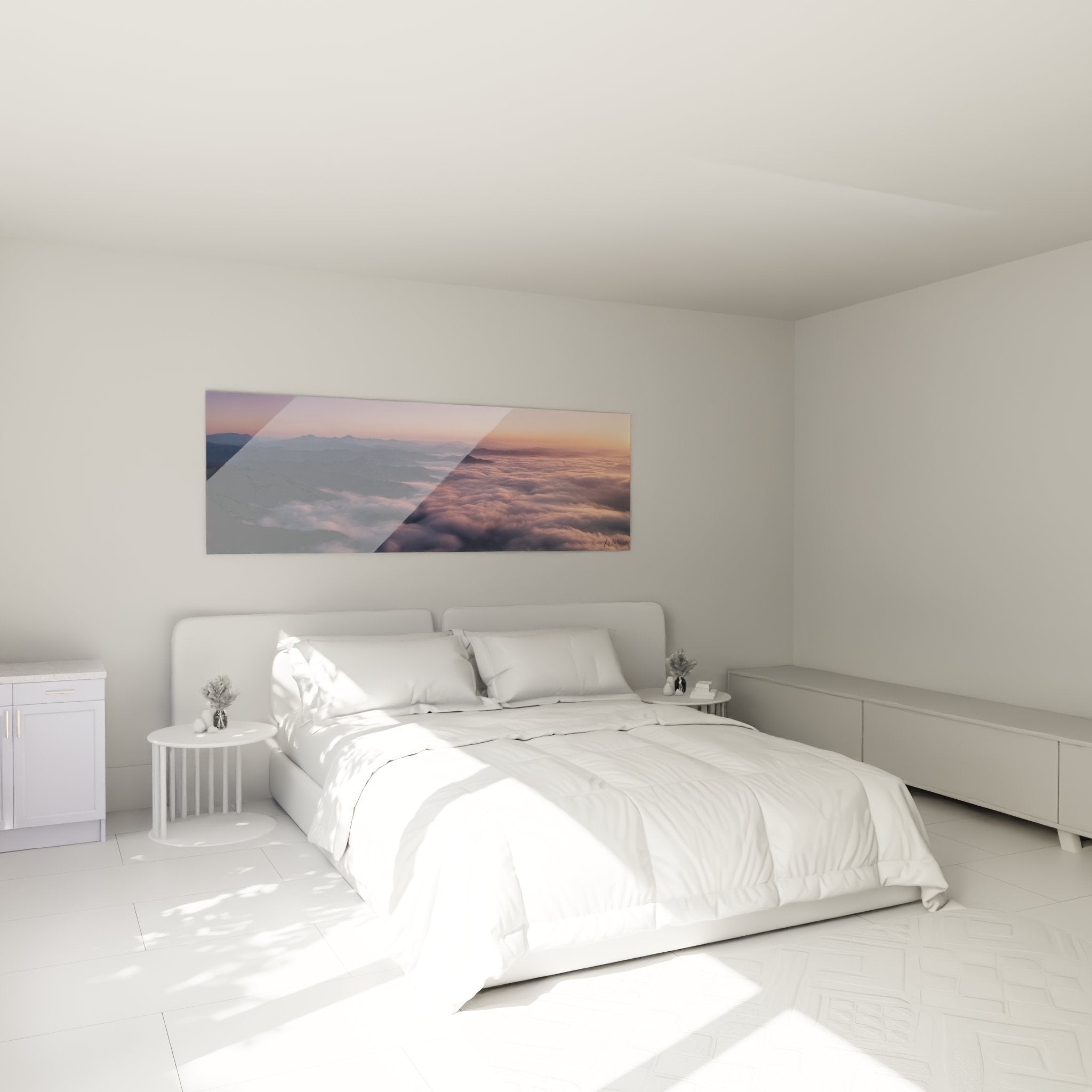 Décoration murale mer de nuages Pyrénées dans chambre moderne avec ambiance apaisante et couleurs douces