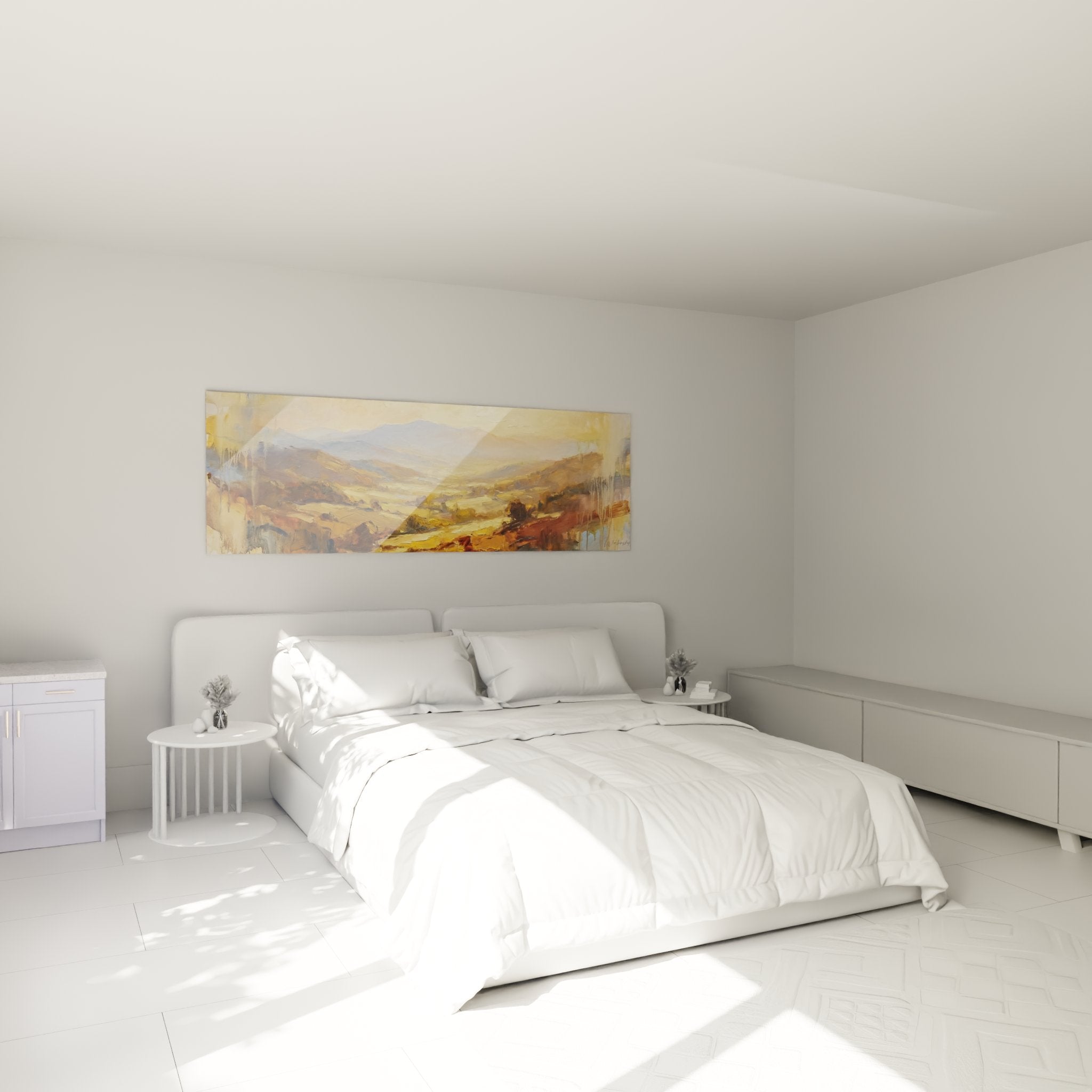 Tableau vallée pyrénéenne installé dans chambre moderne, décoration murale paysage montagne