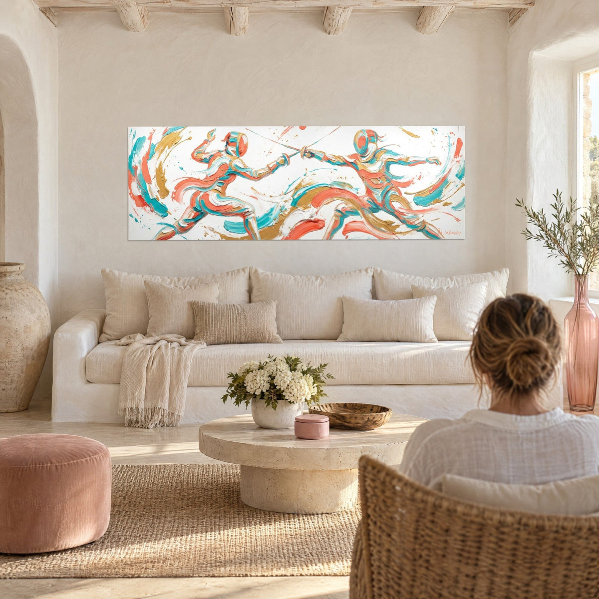 Wall art of a duel between masked fencers in coral and turquoise brushstrokes, gold touches on a white background, above a sofa in a bright living room