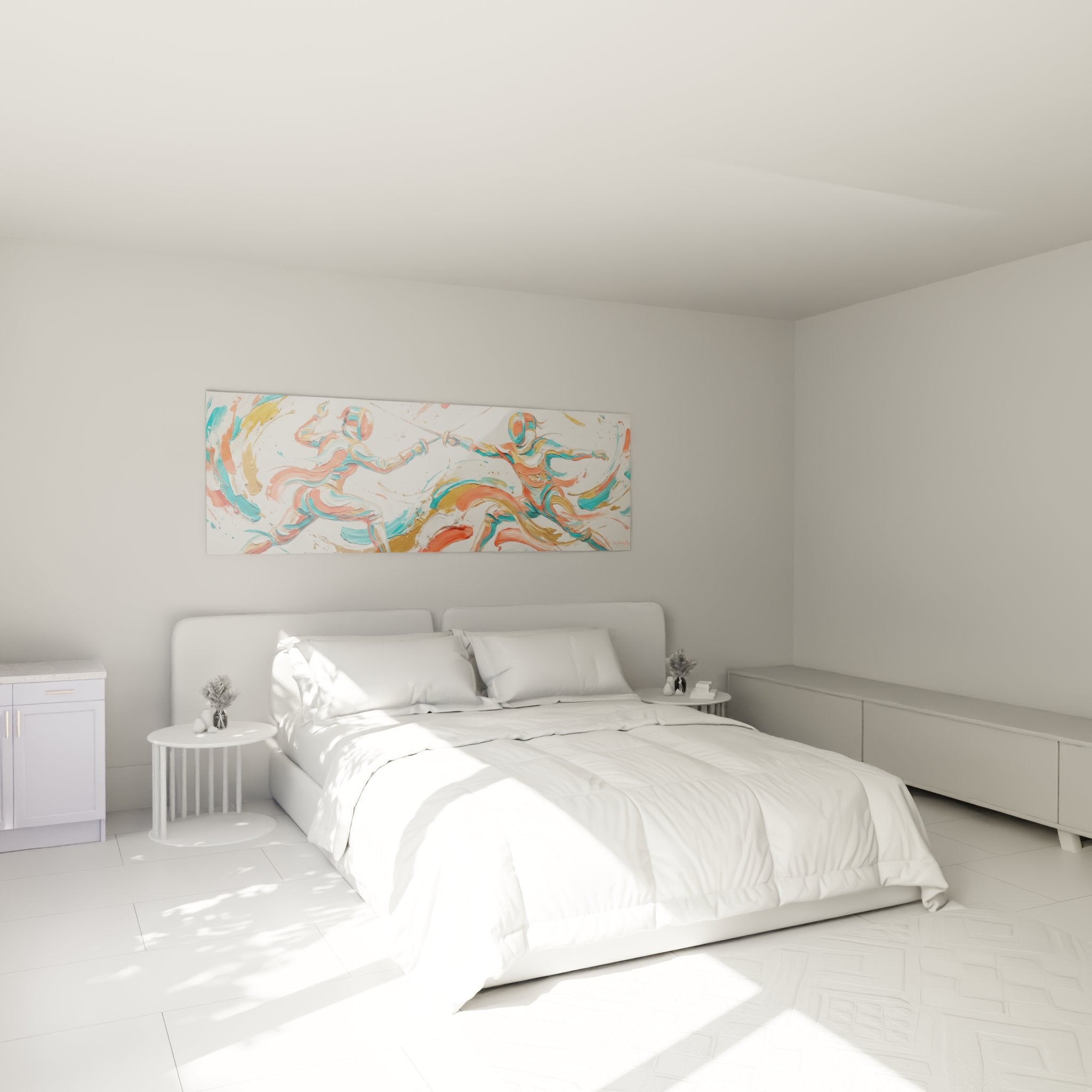 Decoration murale escrime artistique dans chambre moderne tableau duel epee couleurs harmonieuses