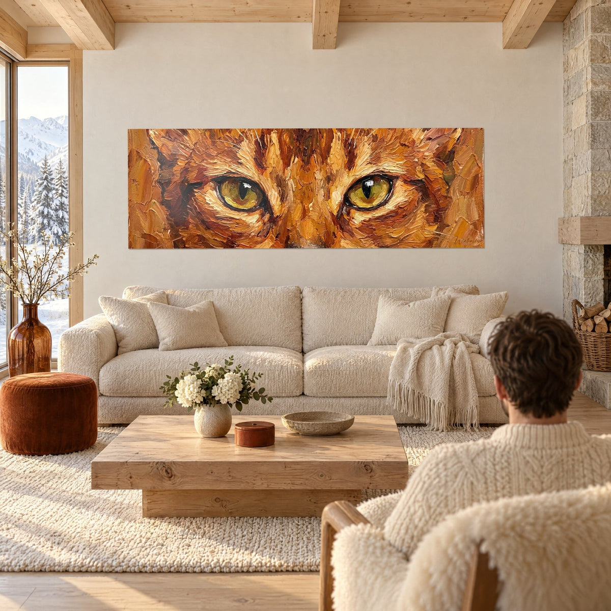 Schilderij kattenportret met groene ogen doorsneden door zwarte pupillen, oranje vacht in dikke verf, boven een bank in een lichte woonkamer