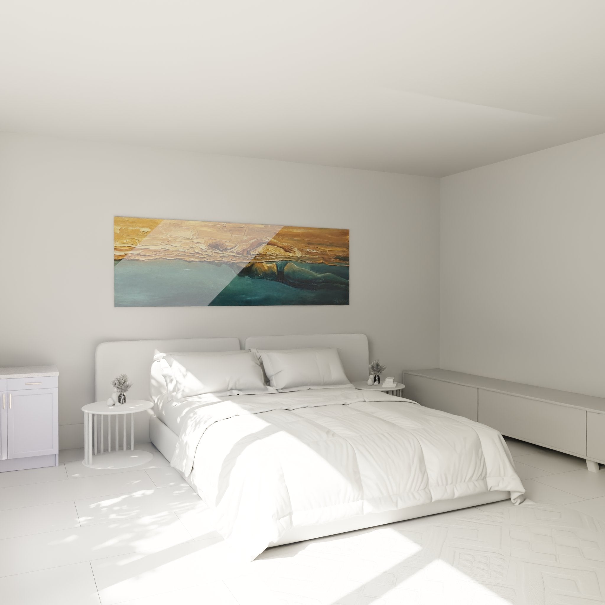 Decoration murale natation sous-marine dans chambre moderne avec tons dores et bleus apaisants