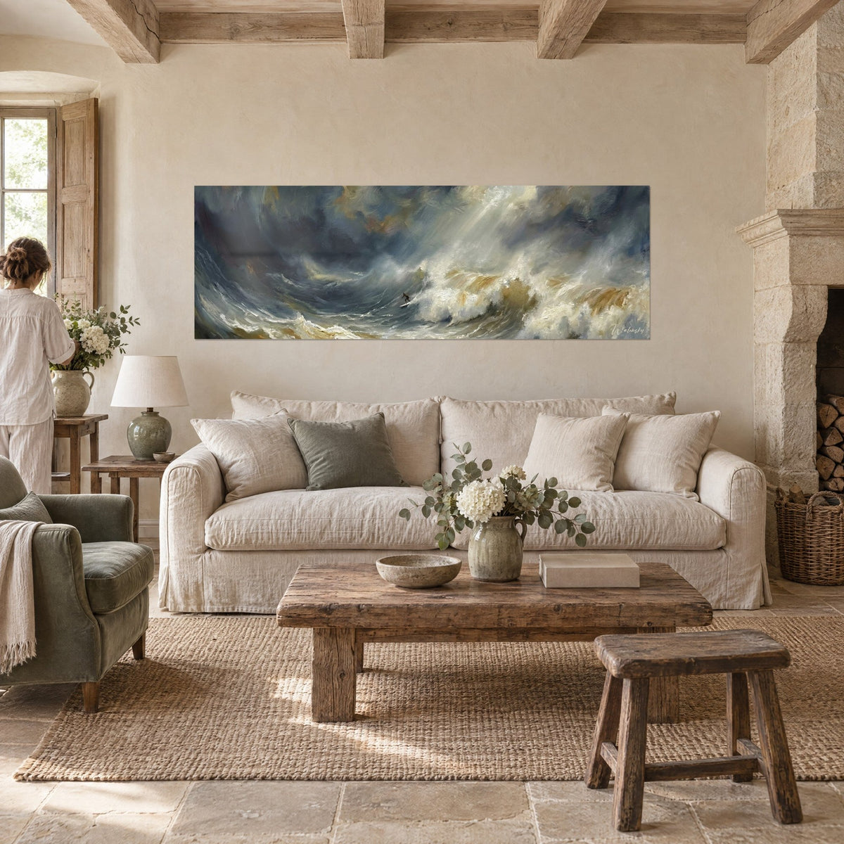 Wall art tiny surfer riding a giant wave, steel grey and ivory foam, above a sofa in a bright living room