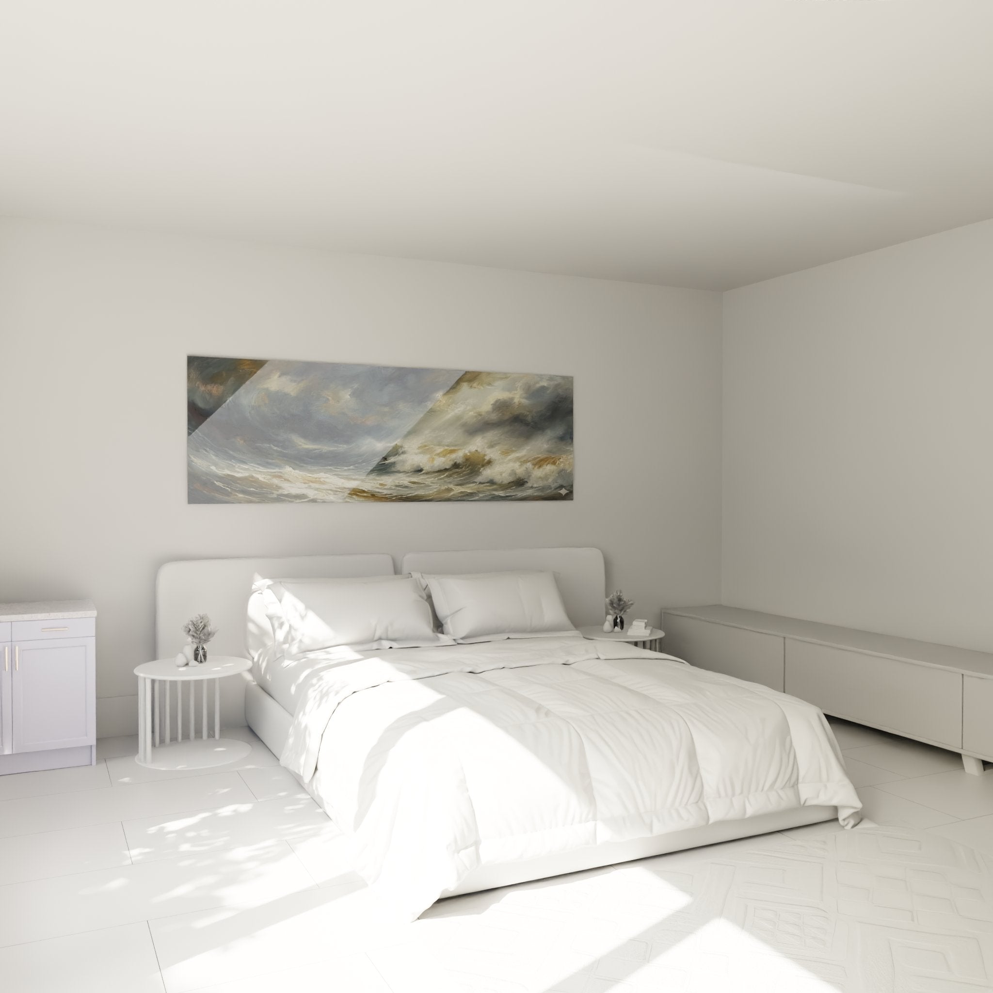 Storm seascape wall art hanging in modern bedroom, ocean marine décor with powerful waves