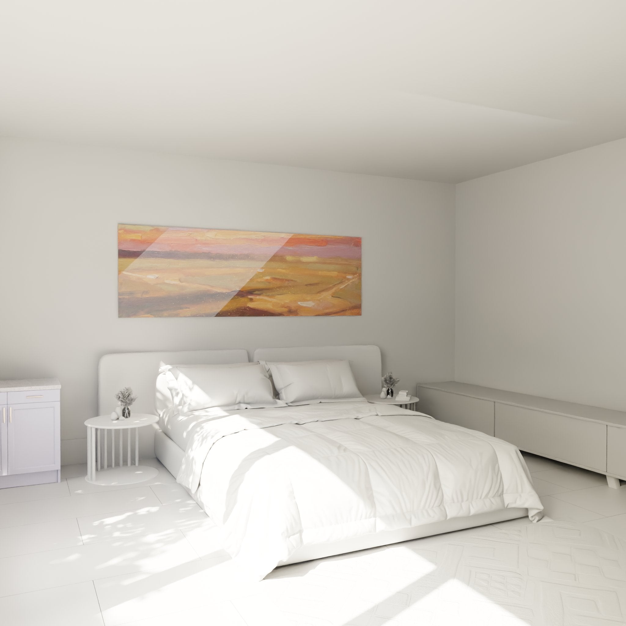 Tableau paysage desert accroche dans chambre ambiance chaleureuse coucher soleil panoramique