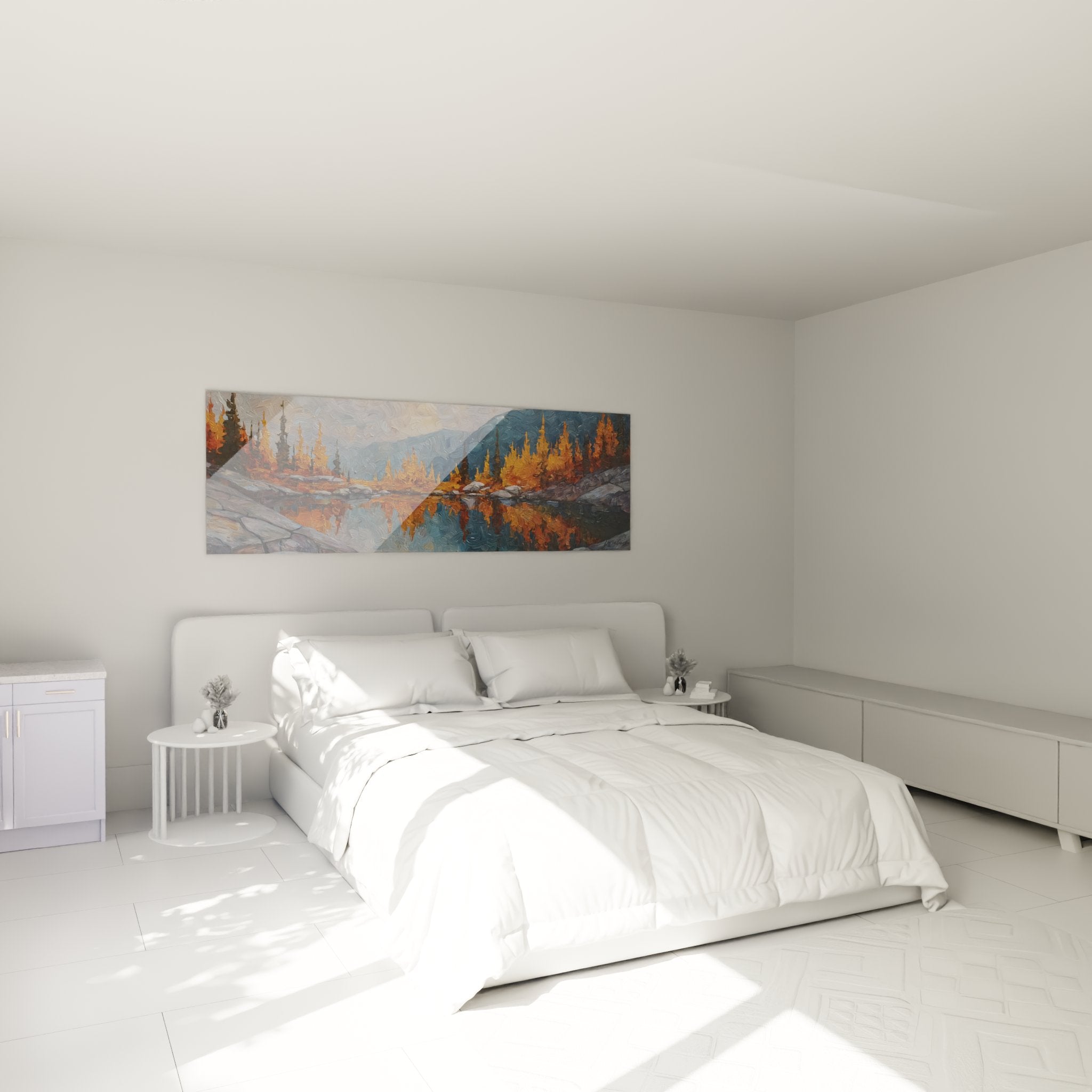 Tableau paysage montagneux automne décorant une chambre moderne avec reflets lac et montagnes pyrénéennes