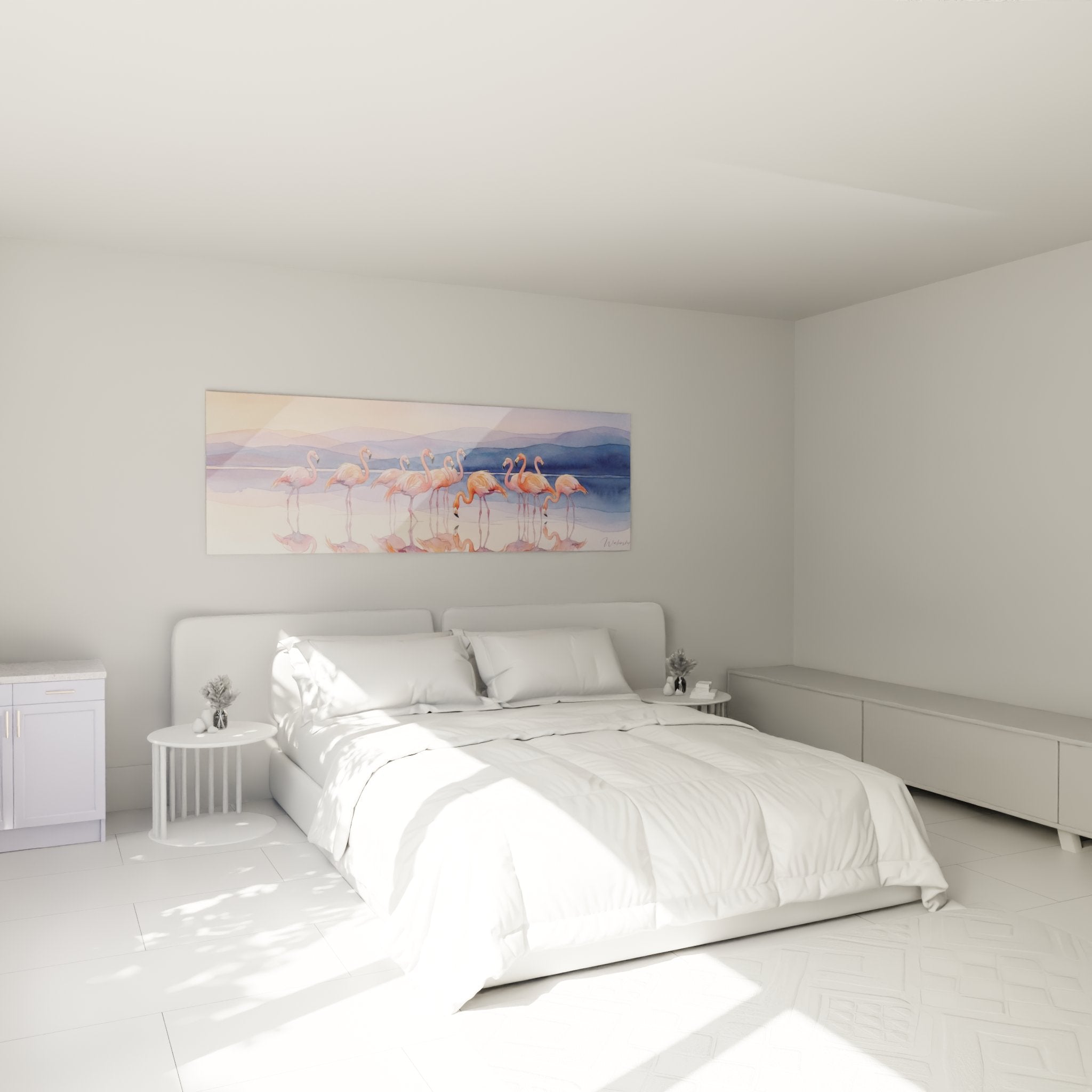 Tableau flamants roses dans chambre decoration murale Camargue ambiance zen pastel