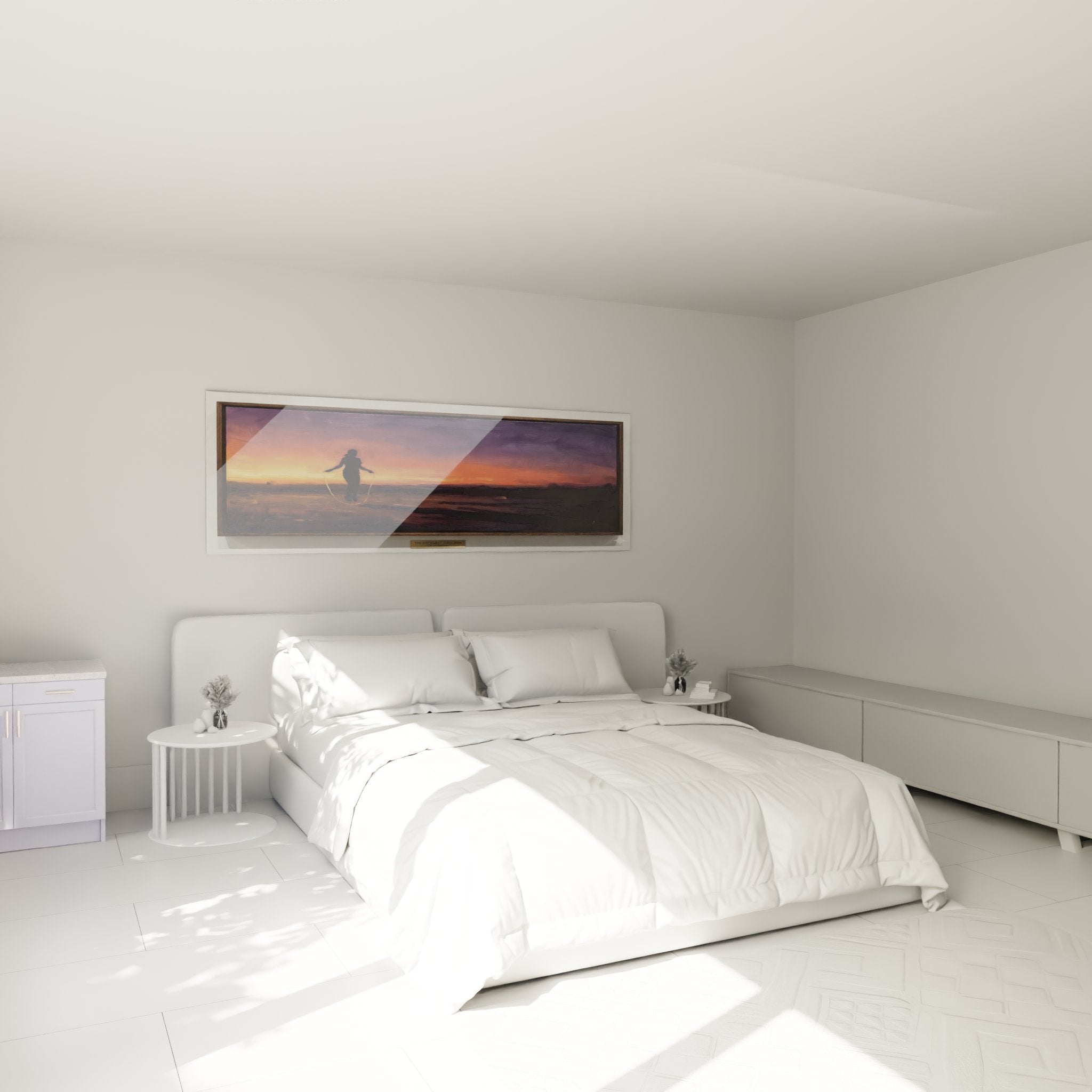 Decoration murale chambre tableau sport femme corde sauter coucher soleil ambiance chaleureuse orange rose violet
