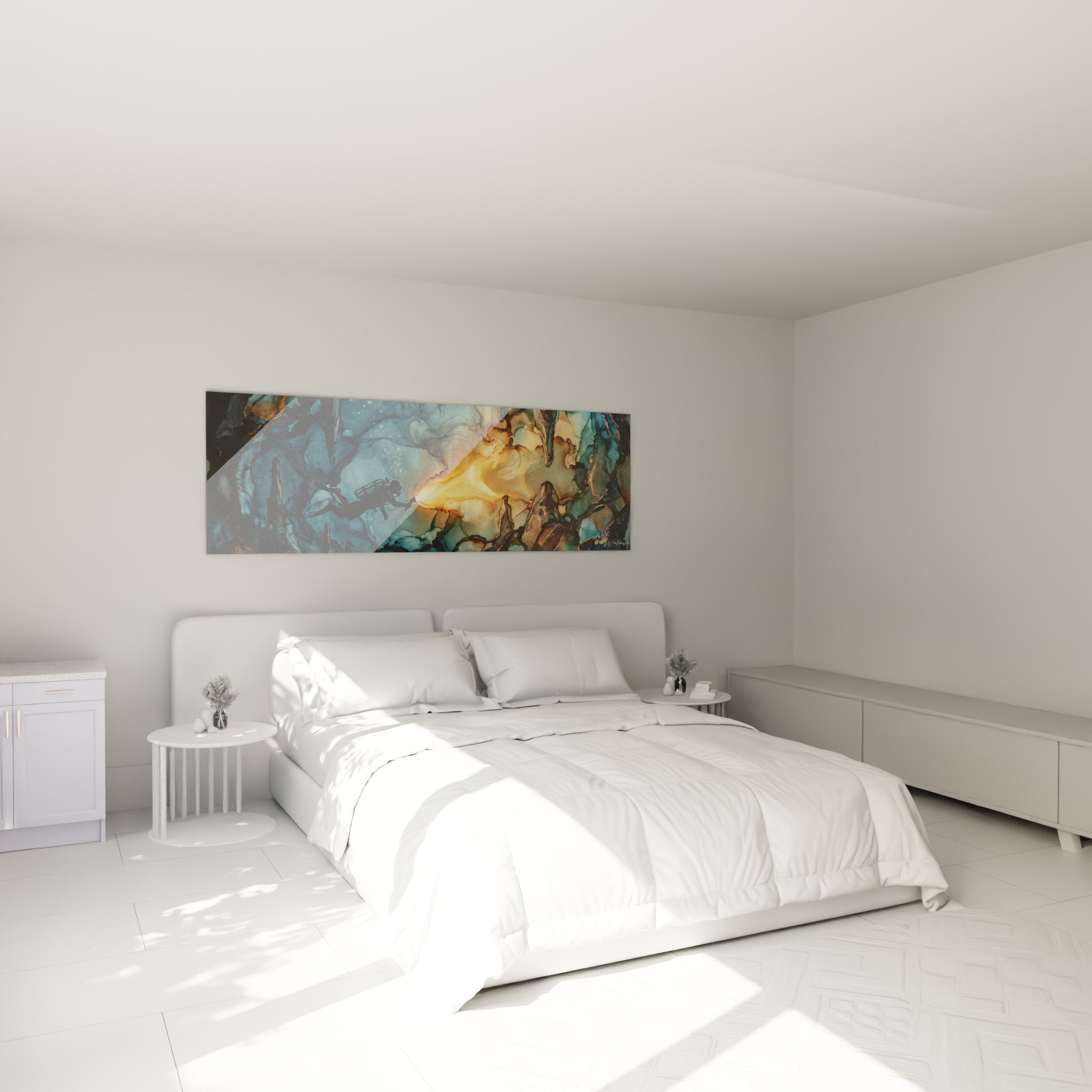 Décoration murale plongée cenote dans chambre moderne avec éclairage ambiant mettant en valeur les tons aquatiques