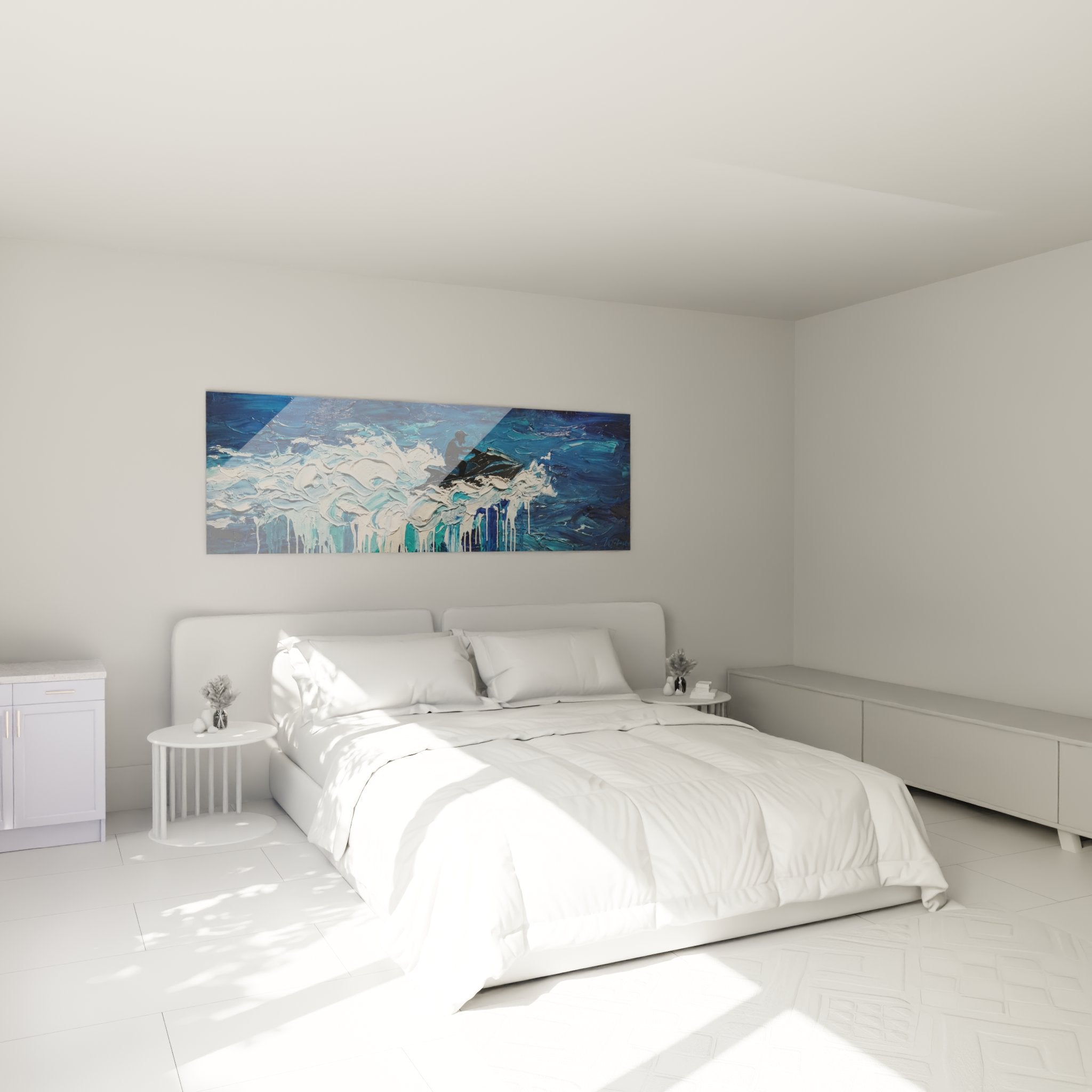 Tableau jetski vagues bleues dans chambre moderne, decoration murale nautique contemporaine